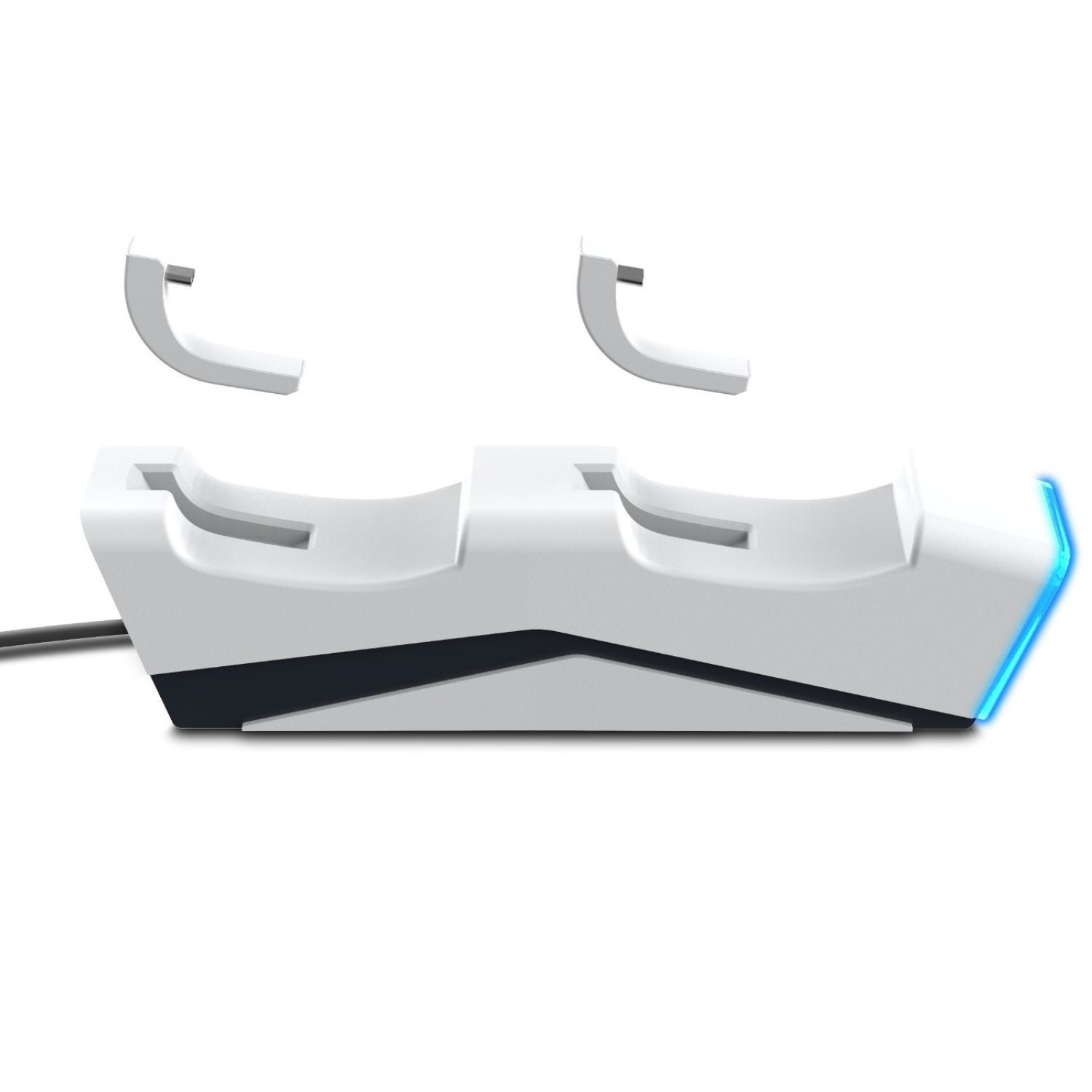 Ein weißes Lade-Dock mit zwei Ladeschlitzen und blauer Beleuchtung.