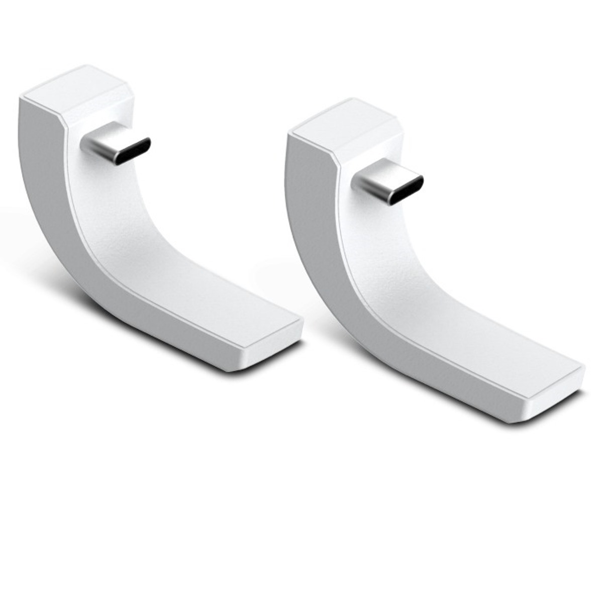 Zwei weiße USB-C-Adapter mit gebogenem Design auf weißem Hintergrund.