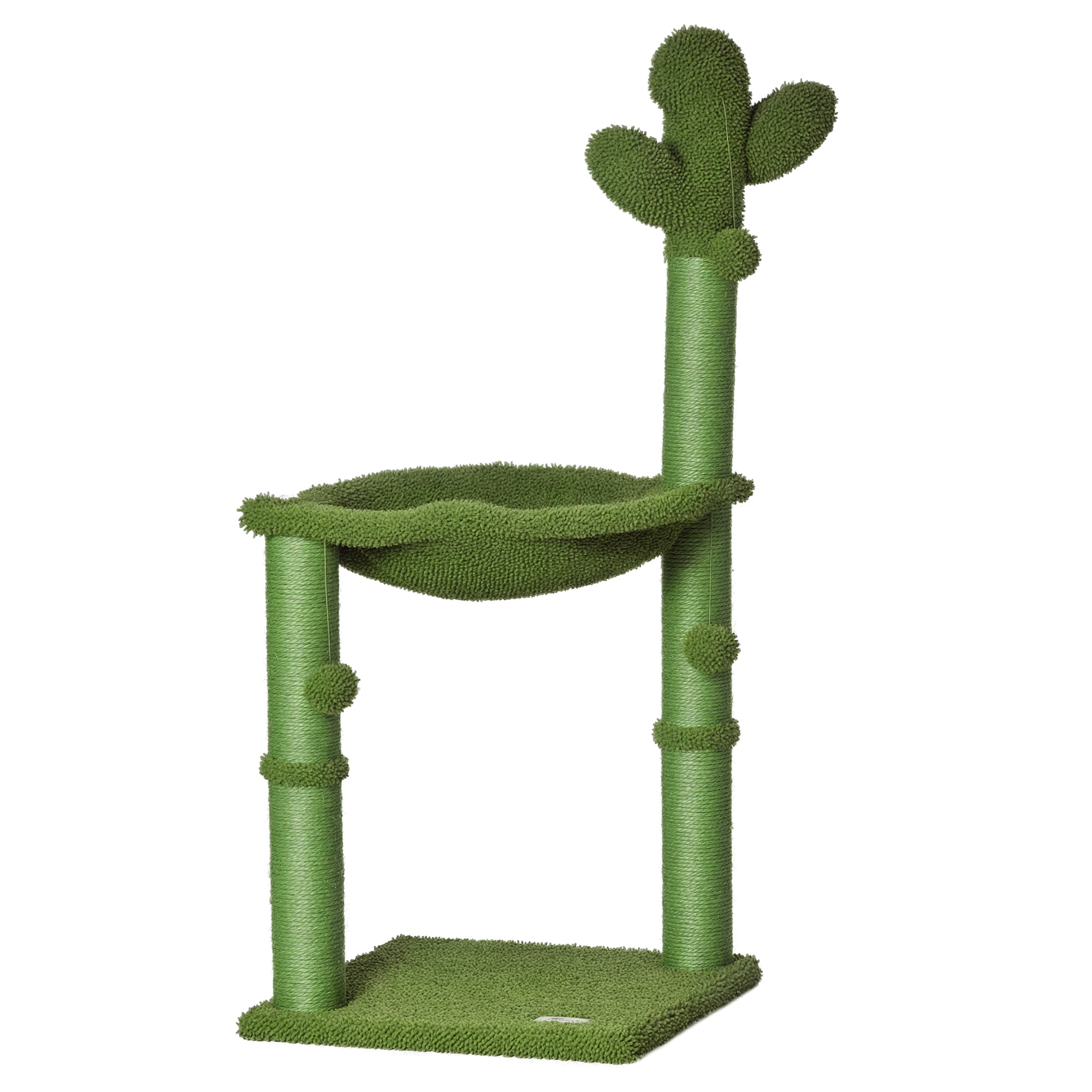 Un tiragraffi verde a forma di cactus con amaca e superfici da graffiare.