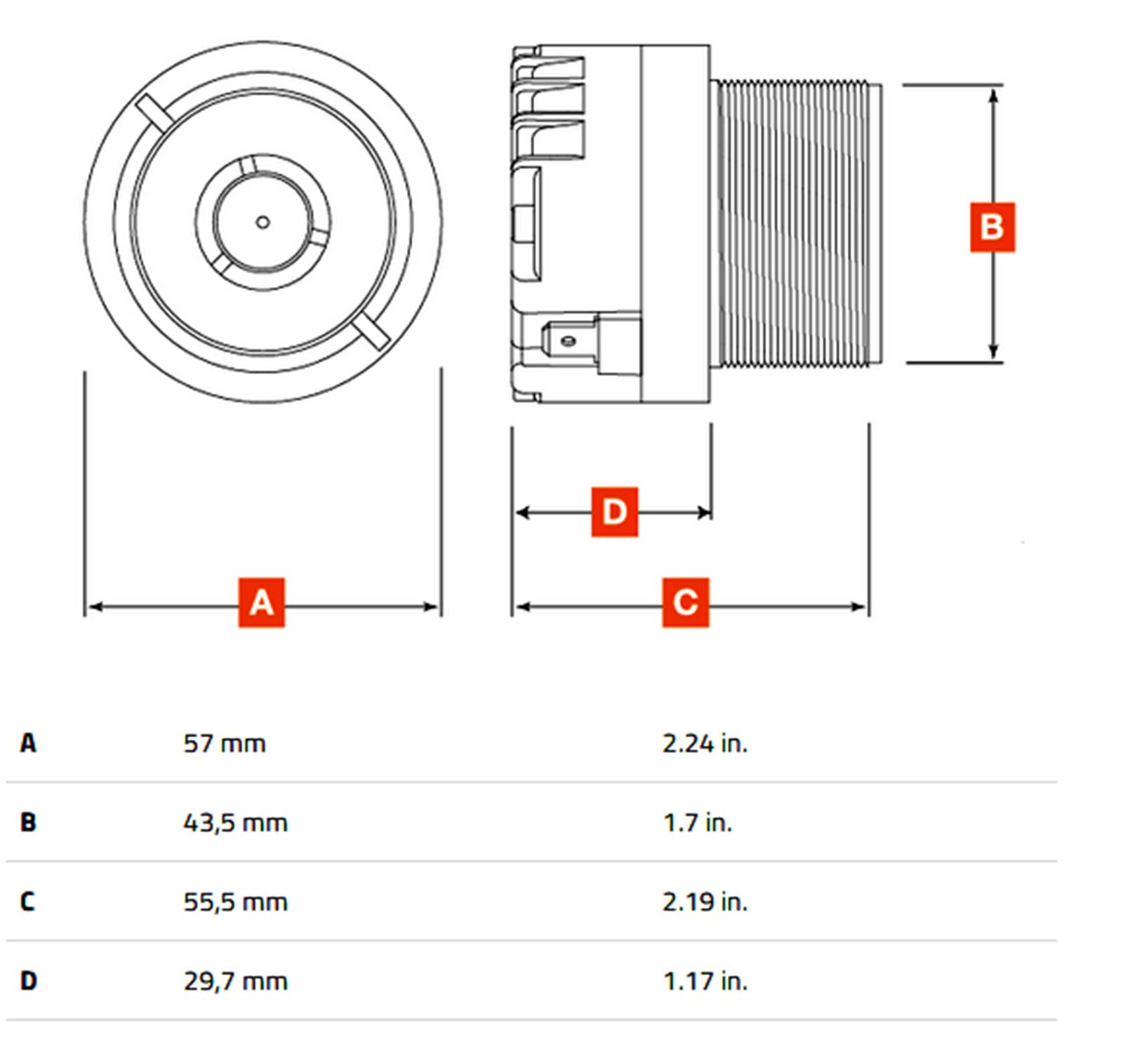 Technische Zeichnung eines zylindrischen Bauteils mit Maßen A, B, C, D.