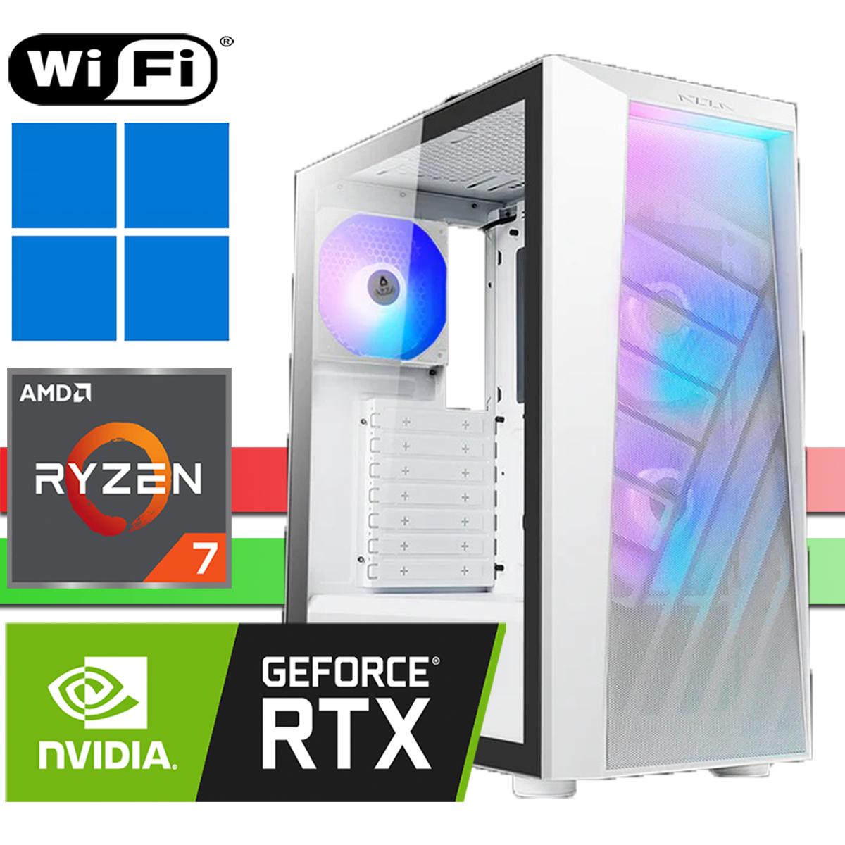 Ein weißer PC-Tower mit RGB-Lüftern, AMD Ryzen 7 und Nvidia RTX Logos.