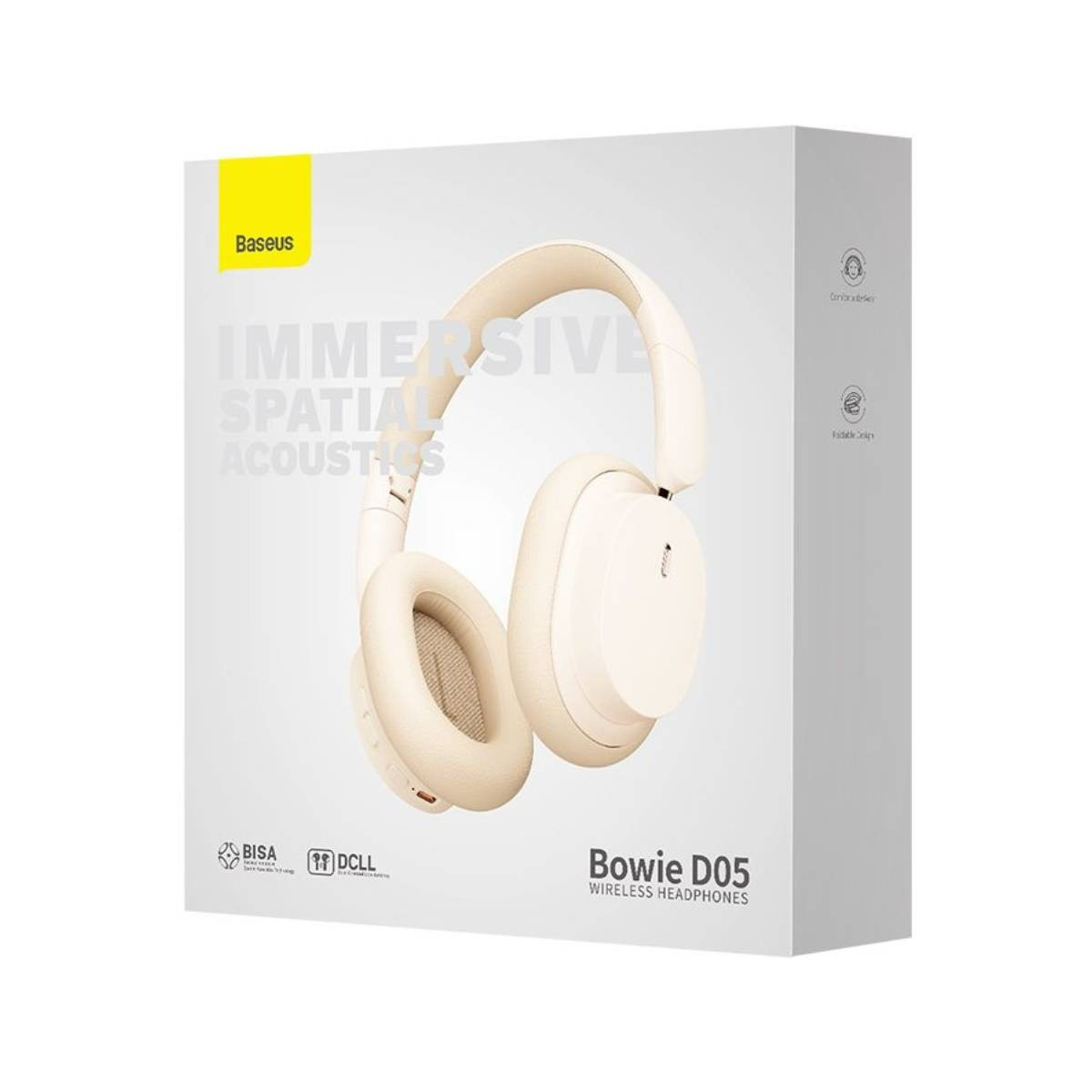 Auriculares inalámbricos Baseus Bowie D05 beige en caja blanca con texto.