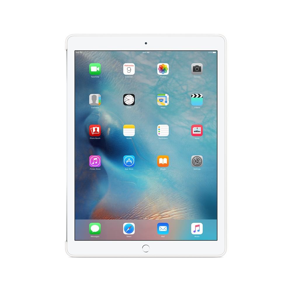 Un iPad bianco con numerose icone di app sullo schermo. Sfondo bianco.
