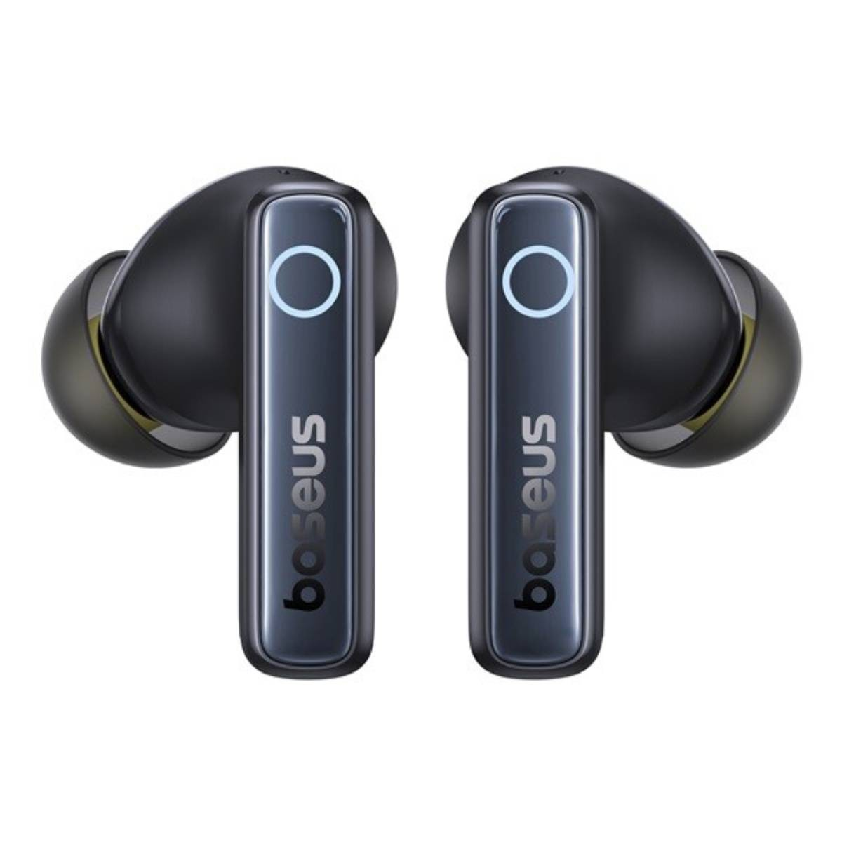 Dwa czarne słuchawki Baseus z niebieskim pierścieniem i napisem na białym tle.