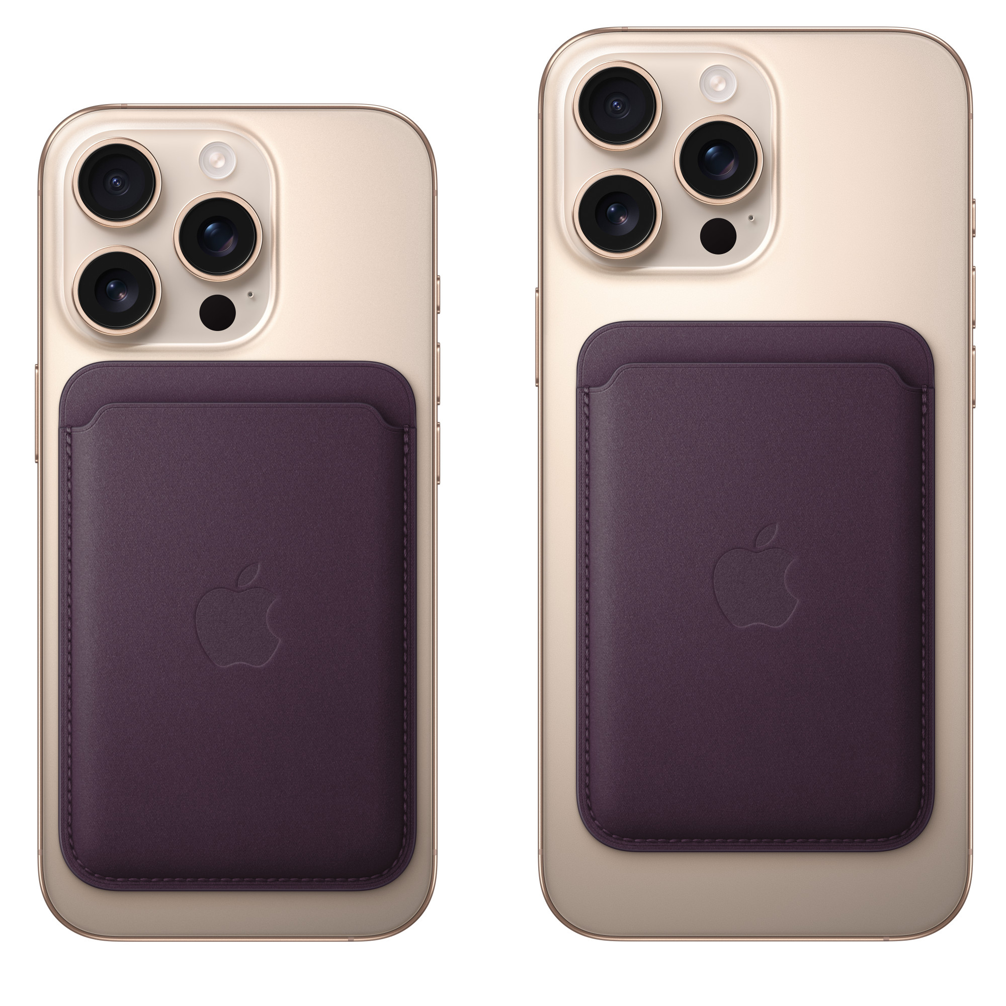 Twee gouden iPhones met donkerpaarse MagSafe kaarthouders.