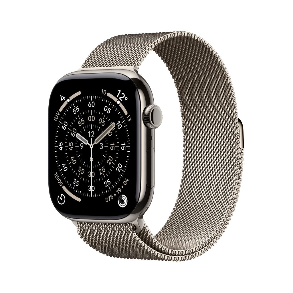 Srebrny Apple Watch z bransoletą mediolańską na czarnej tarczy.