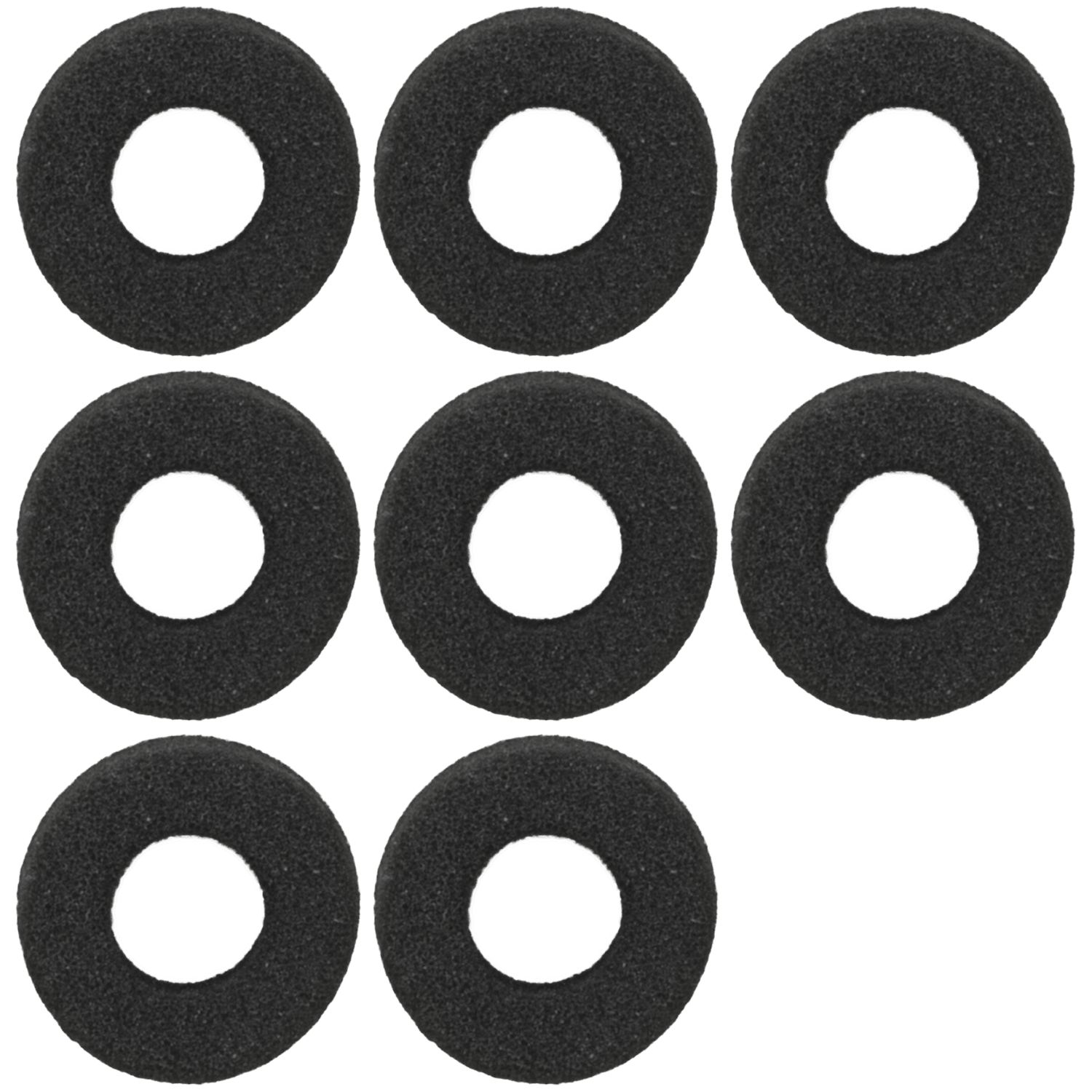 Sieben schwarze, kreisförmige Schaumstoffpads mit einem Loch in der Mitte.