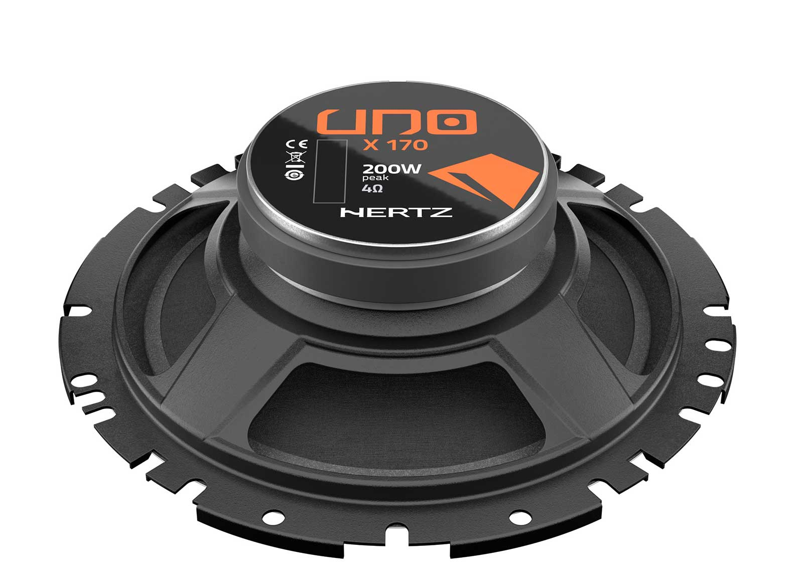 Schwarzer Lautsprecher mit silbernem Rand und orangenem Logo. Hertz Uno X 170.