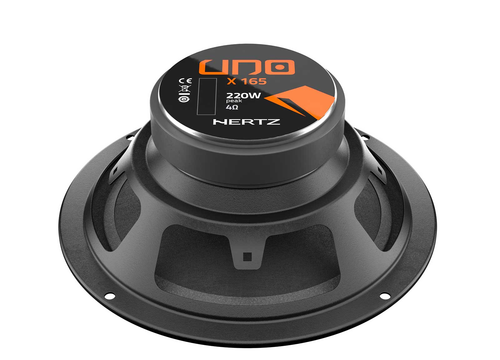 Ein schwarzer Hertz UNO X 165 Lautsprecher mit orangen Akzenten und Spezifikationen.