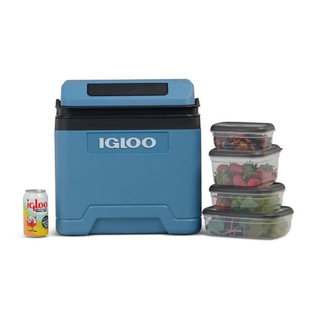 Borsa frigo blu Igloo con lattina e quattro contenitori per alimenti.