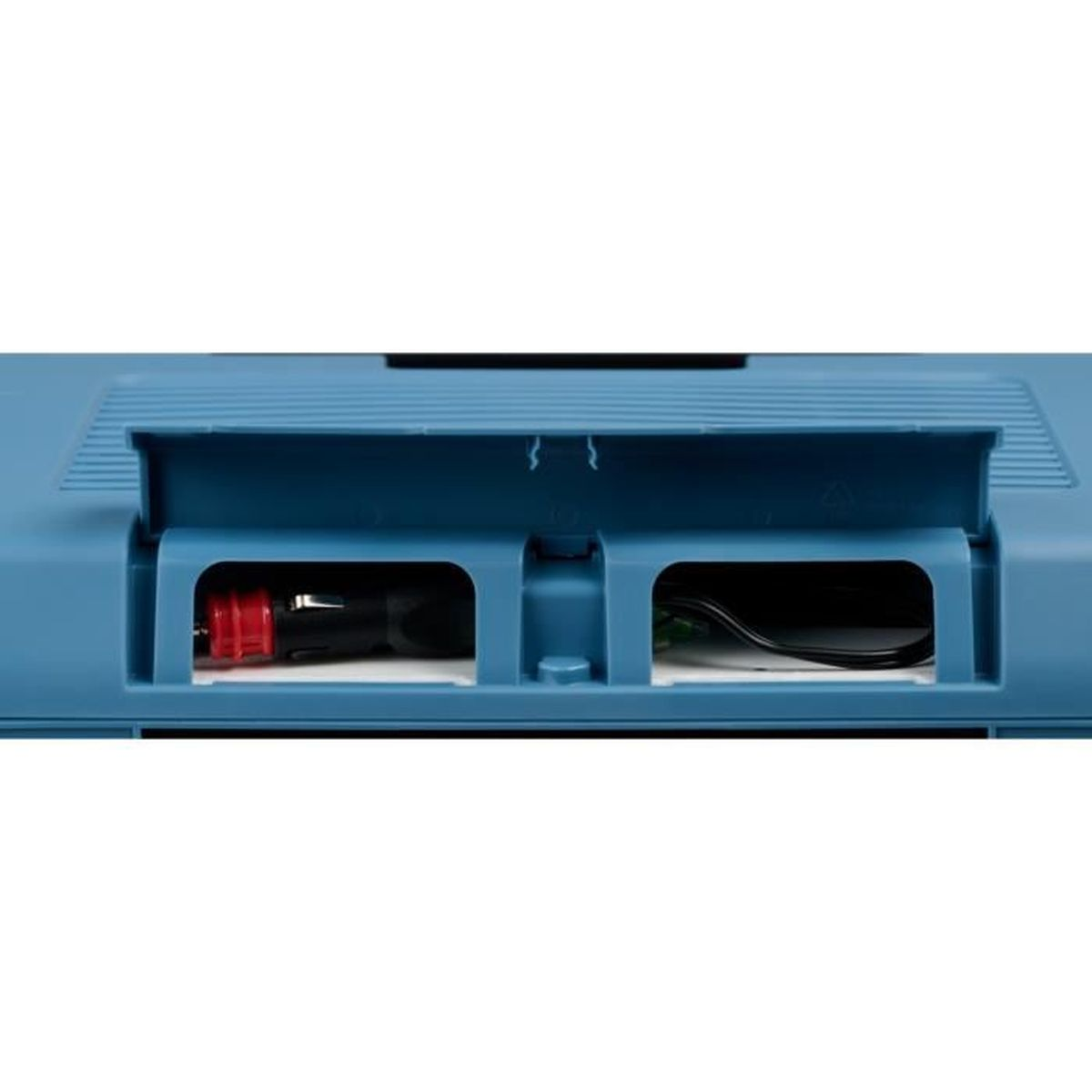 Sportello blu con cavi rossi e neri all'interno.