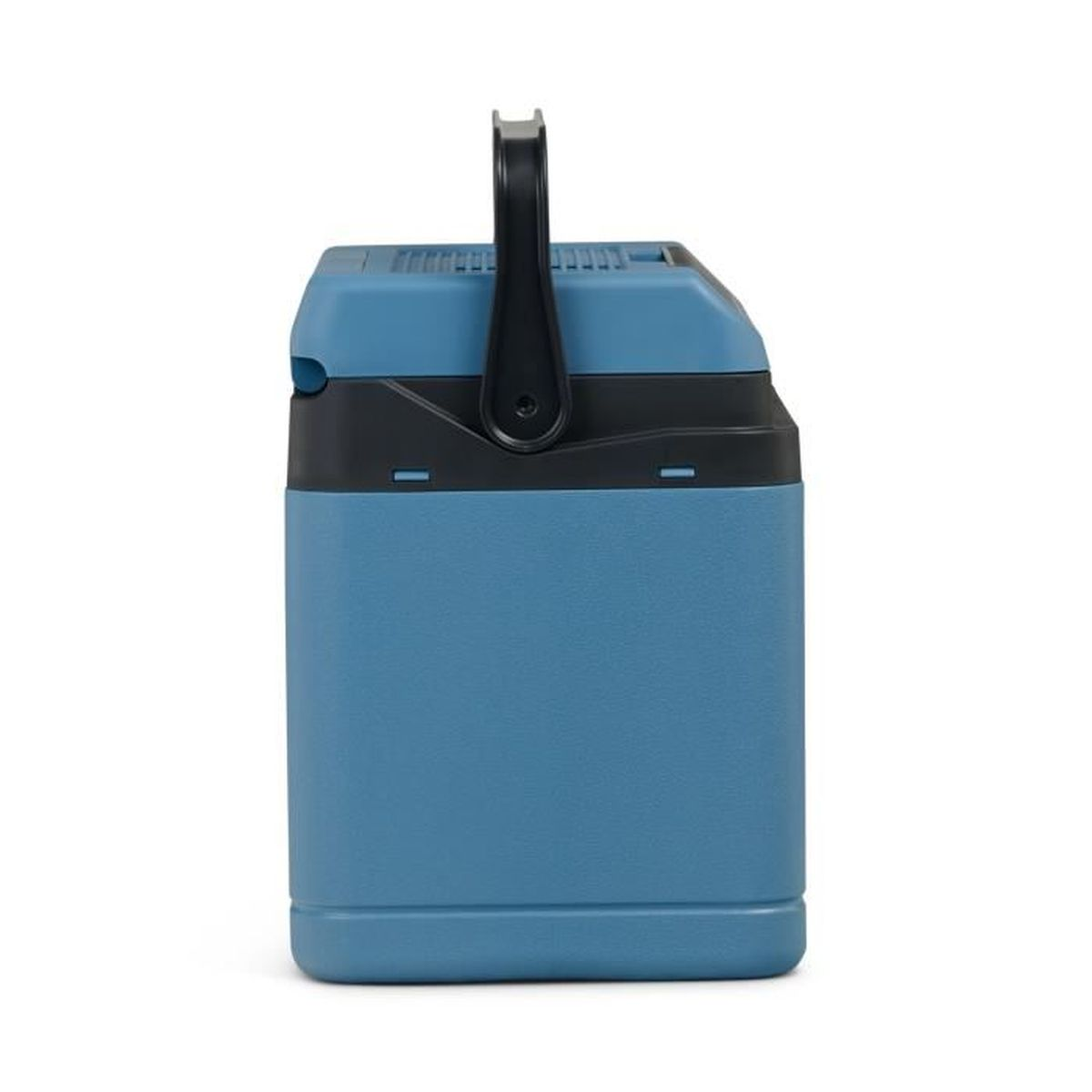 Un box frigo blu con manico e coperchio neri, su sfondo bianco.
