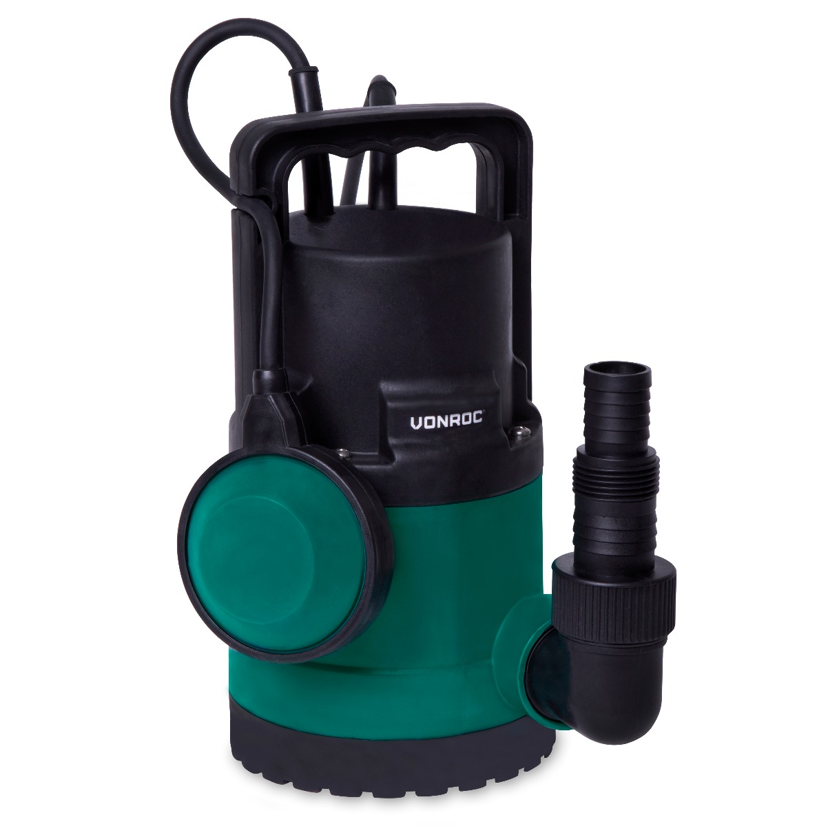 Zwarte en groene dompelpomp met handvat en slangkoppeling.