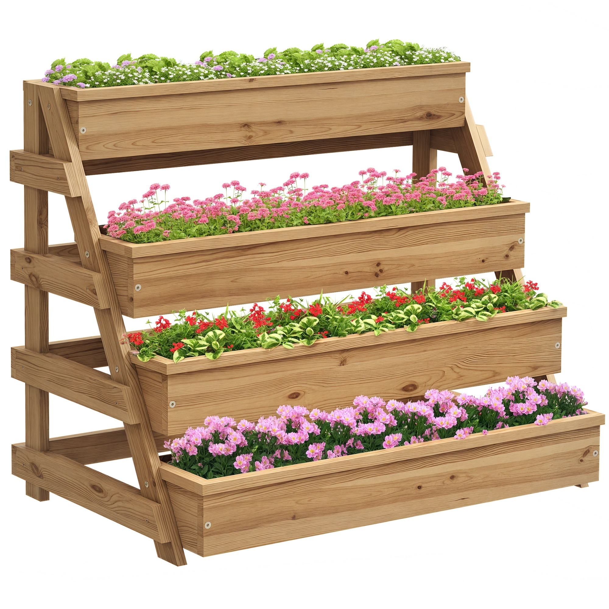Fioriera in legno a quattro livelli, con fiori rosa, rossi e bianchi.