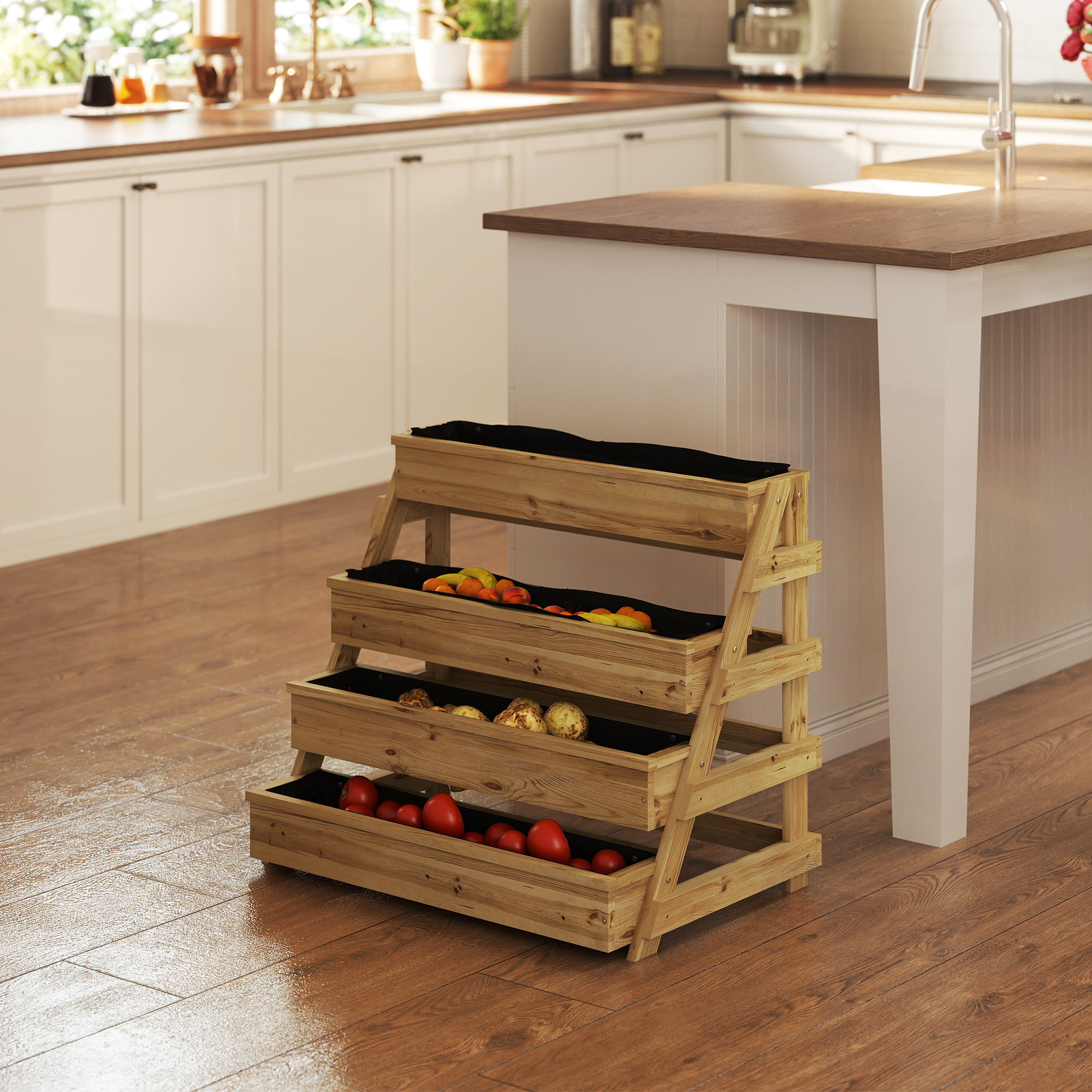 Una rastrelliera di frutta e verdura in legno a tre livelli in cucina.