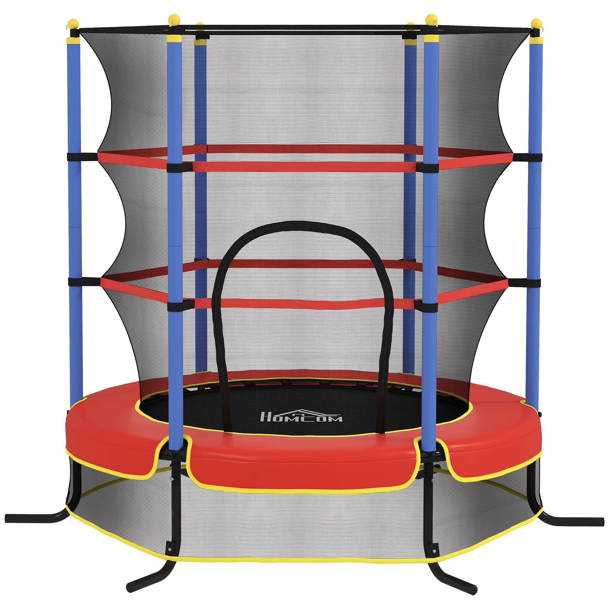 Un trampolino colorato con imbottitura rossa, pali blu e rete di sicurezza.