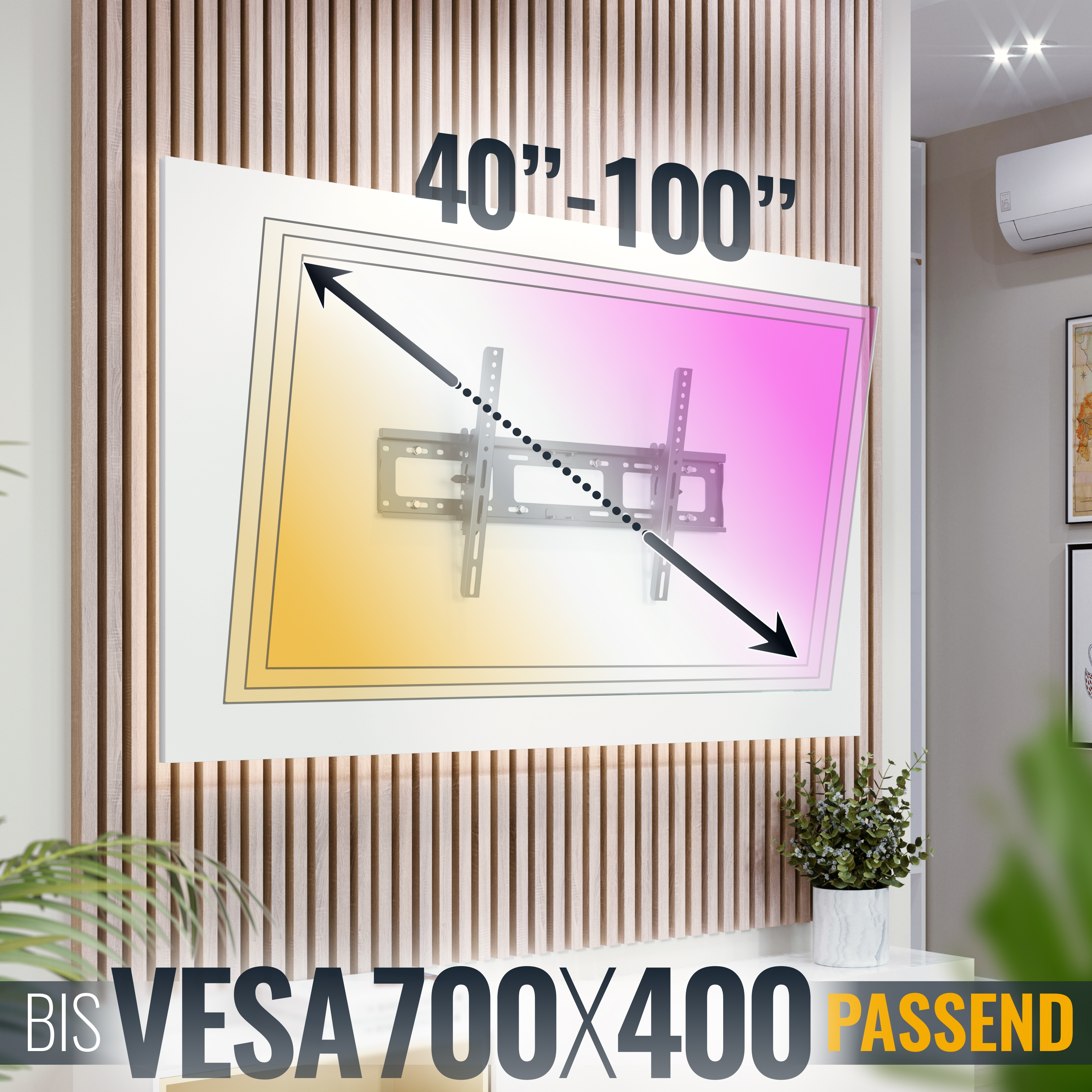 Wandhalterung für 40-100 Zoll TVs, VESA 700x400, passend.