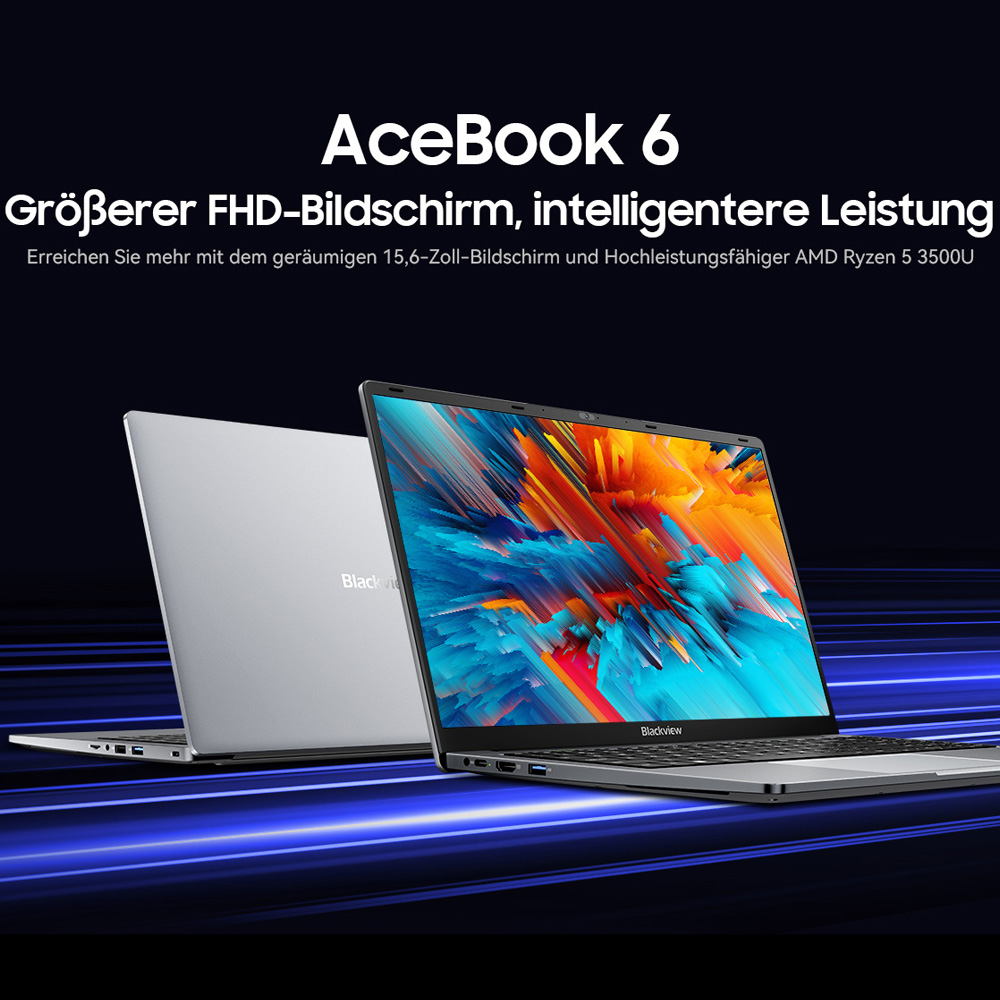 Zwei Laptops auf blauem Hintergrund. Einer ist geöffnet und zeigt ein buntes Bild.