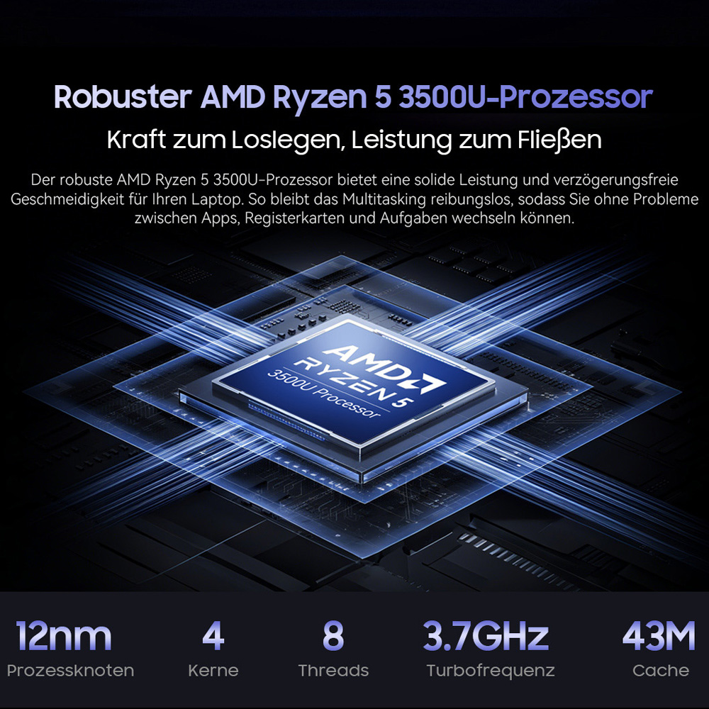 AMD Ryzen 5 3500U Prozessor mit blauen Lichtstrahlen und technischen Spezifikationen.