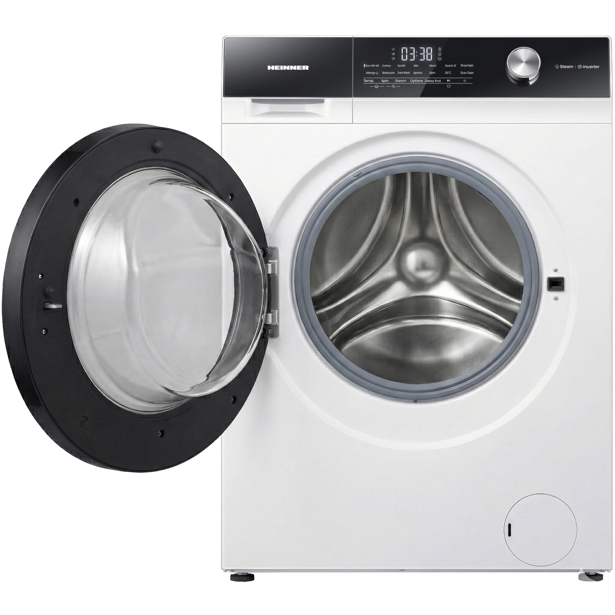 A white washing machine with its black door open, revealing the drum.