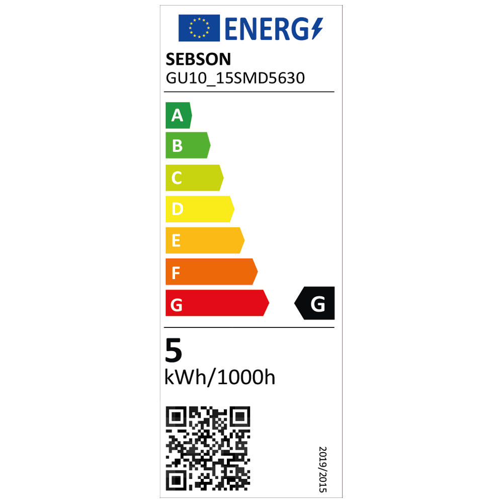 Energielabel für SEBSON GU10 Lampe, Energieklasse G, 5 kWh/1000h.
