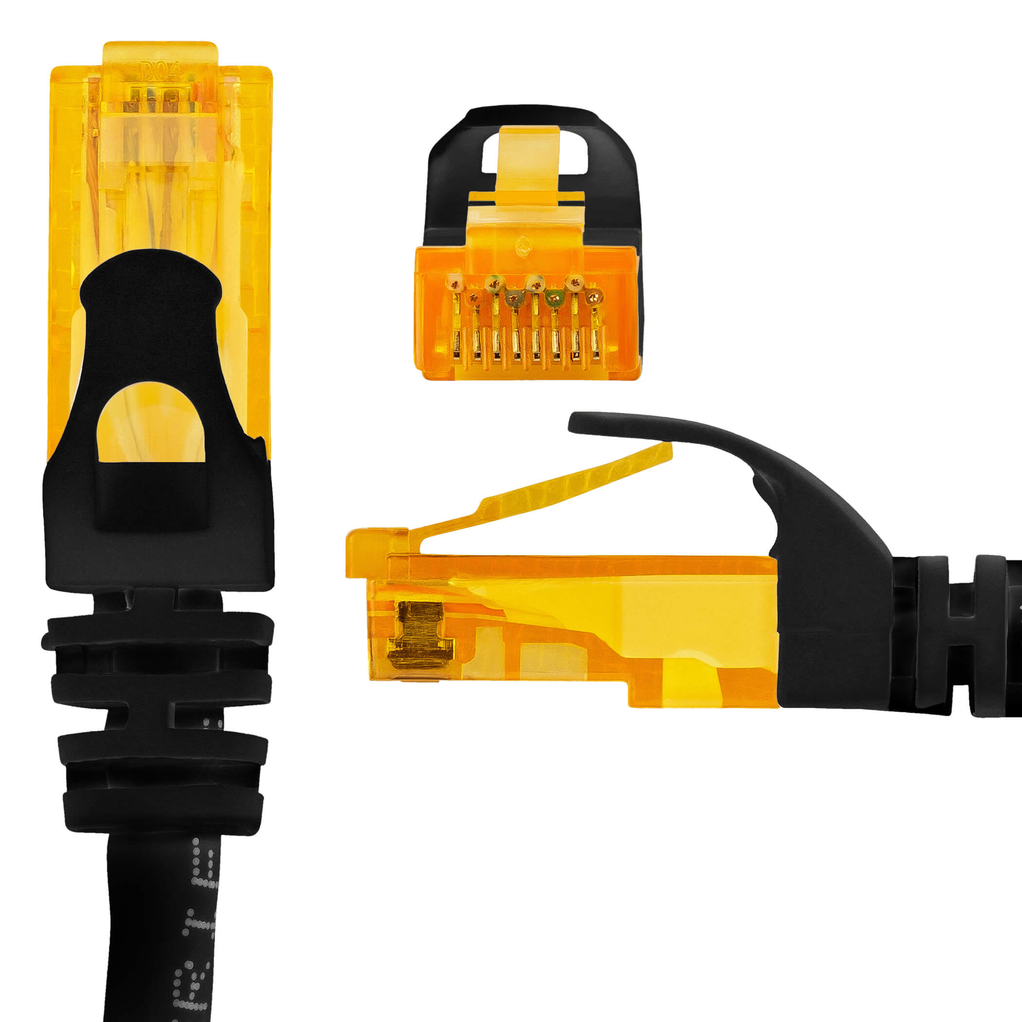 Gelber RJ45-Stecker mit schwarzer Zugentlastung und Kontakten.