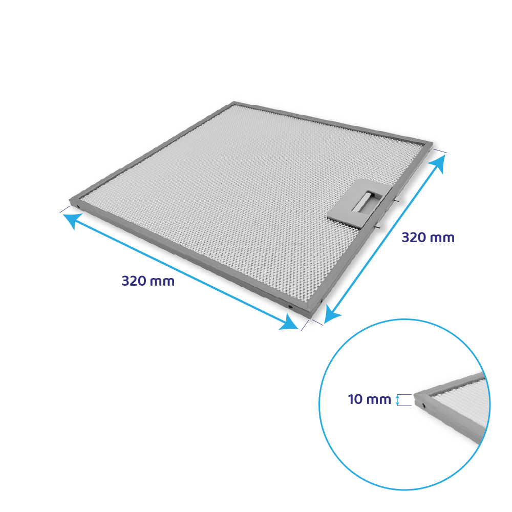 Ein rechteckiger Metallfilter für Dunstabzugshauben mit den Maßen 320x320x10 mm.
