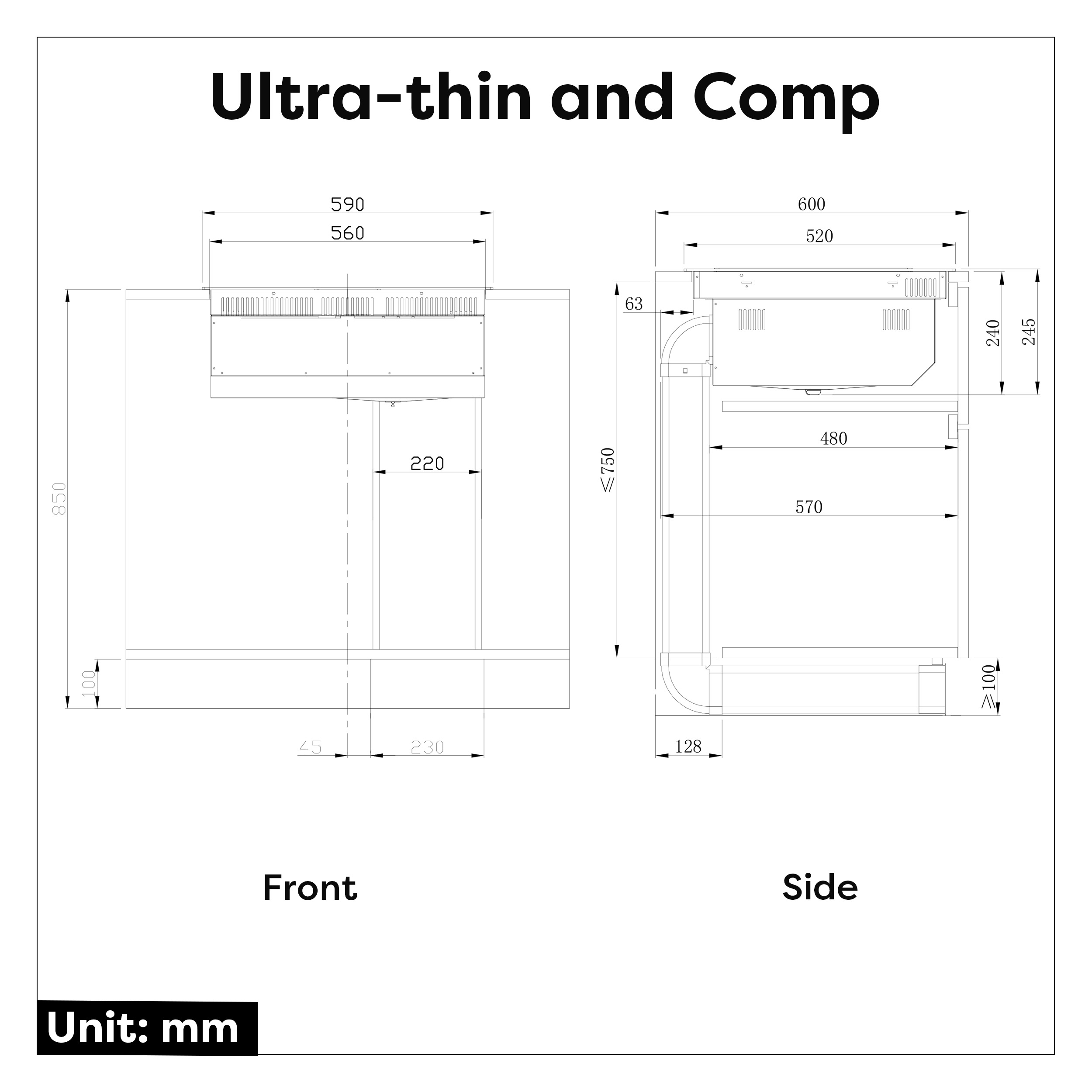 Technical drawing with front and side views of an appliance with dimensions in mm.