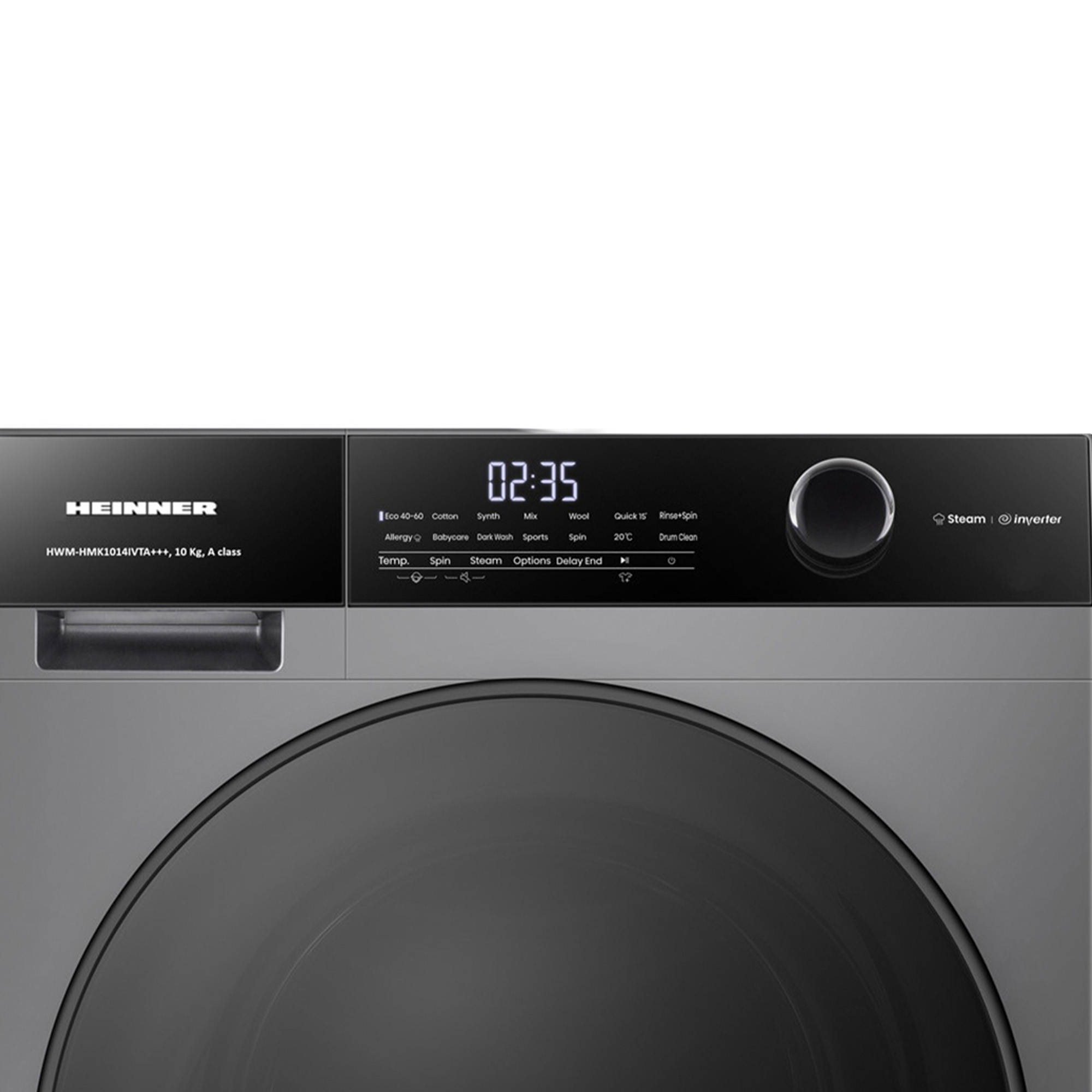 Graue Waschmaschine mit digitaler Anzeige und schwarzer Steuerung.