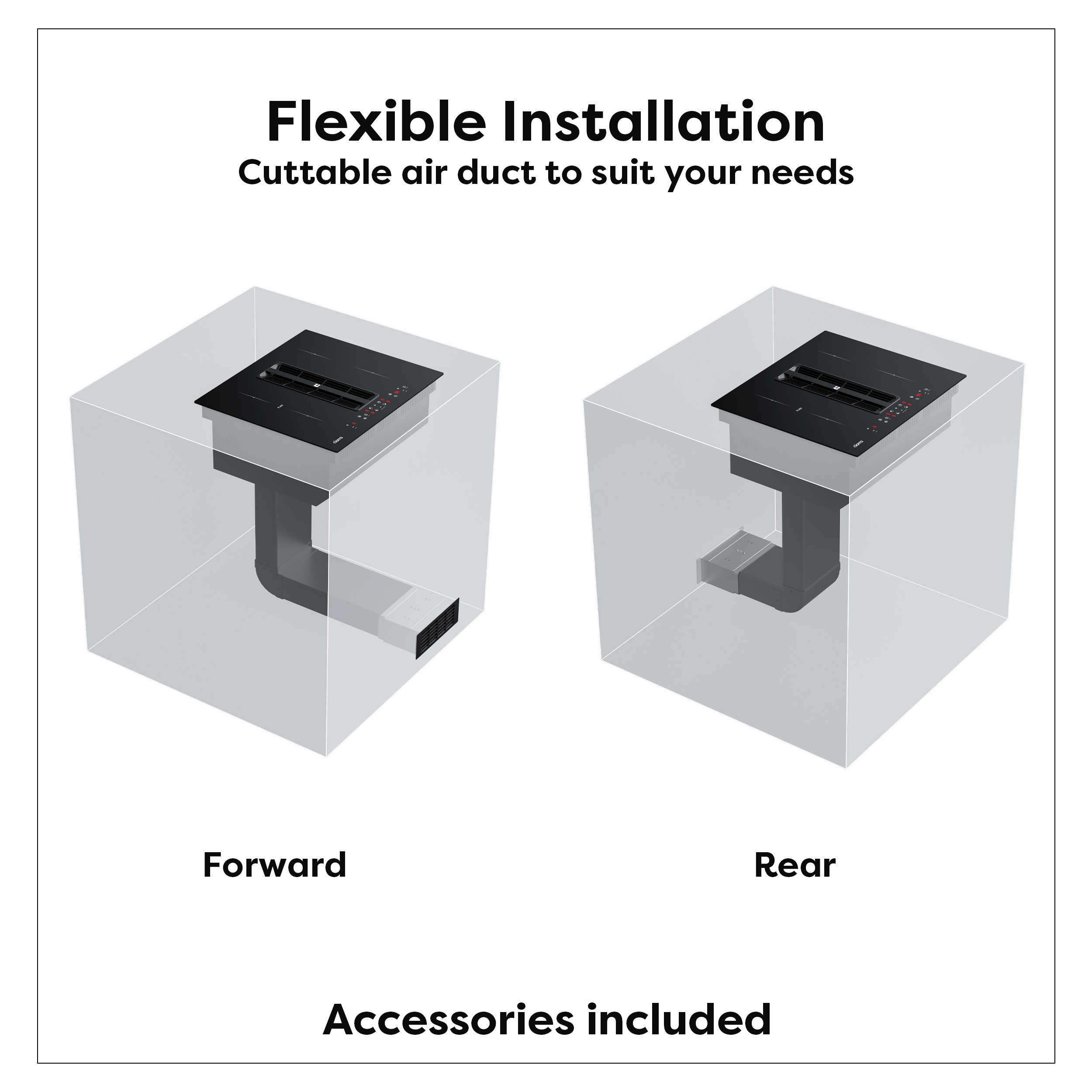 Cooker hood with flexible ducting shown in forward and rear options.