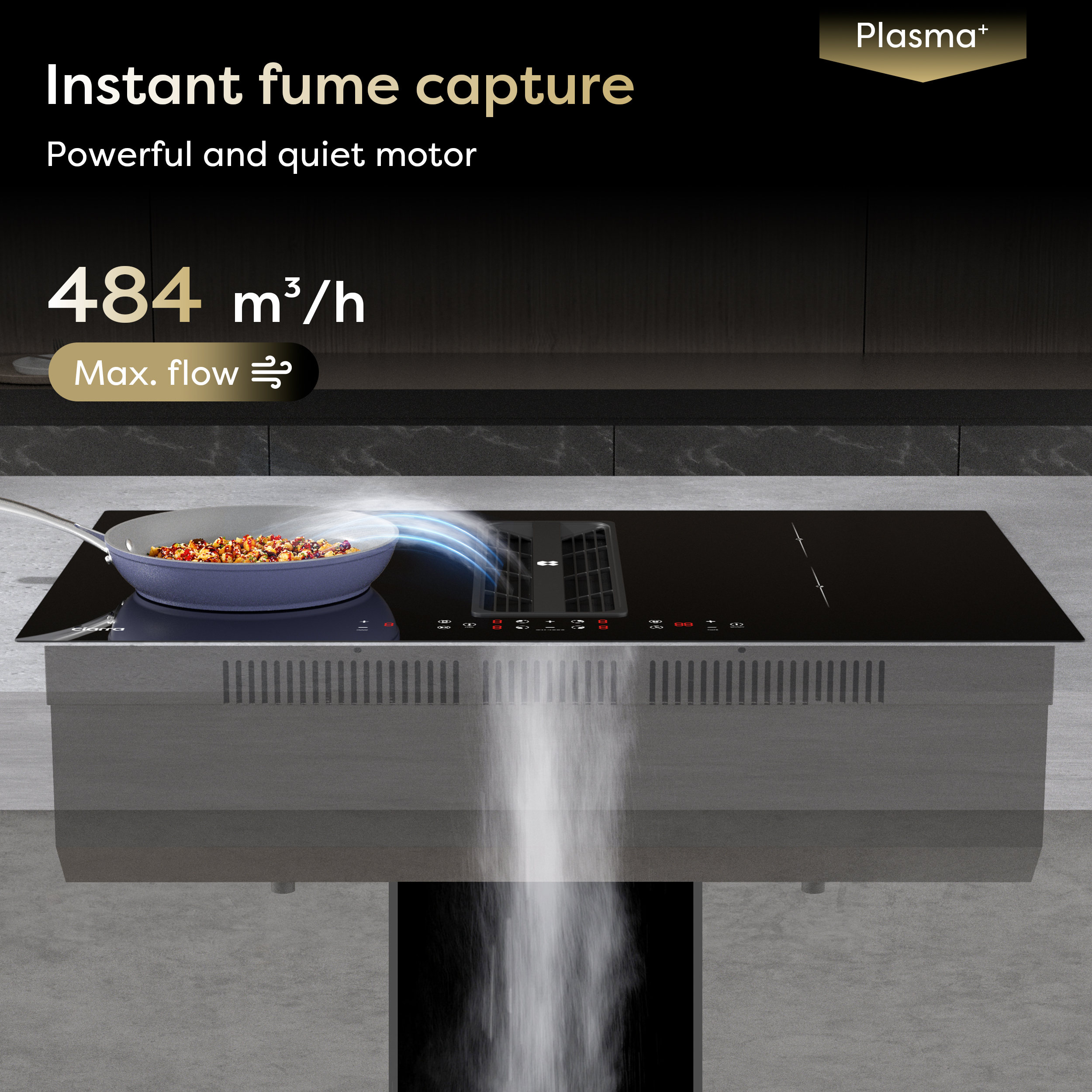 Un piano cottura con sistema integrato di cattura fumi che aspira il fumo.