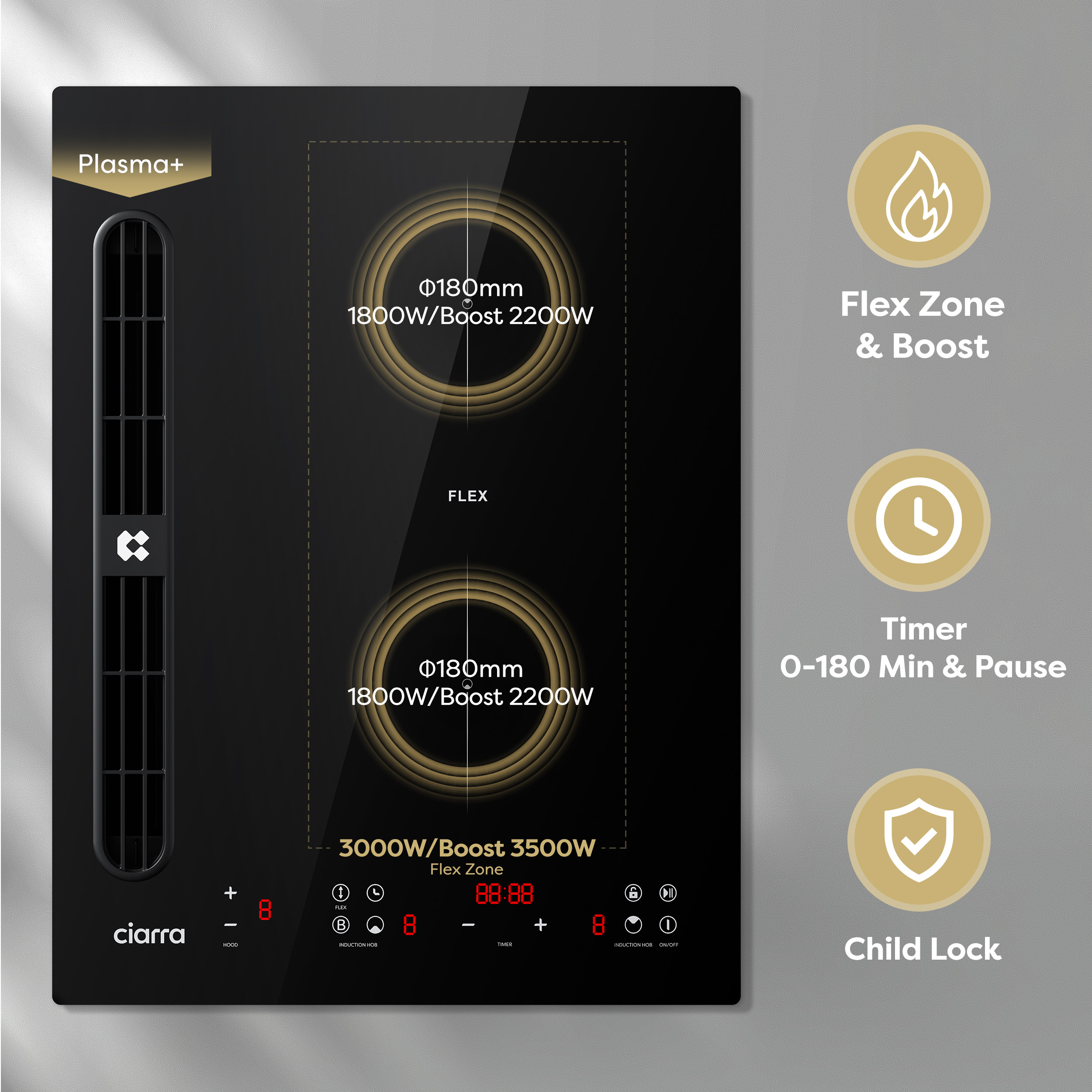 Zwart inductiefornuis met twee kookzones en touch controlpaneel.