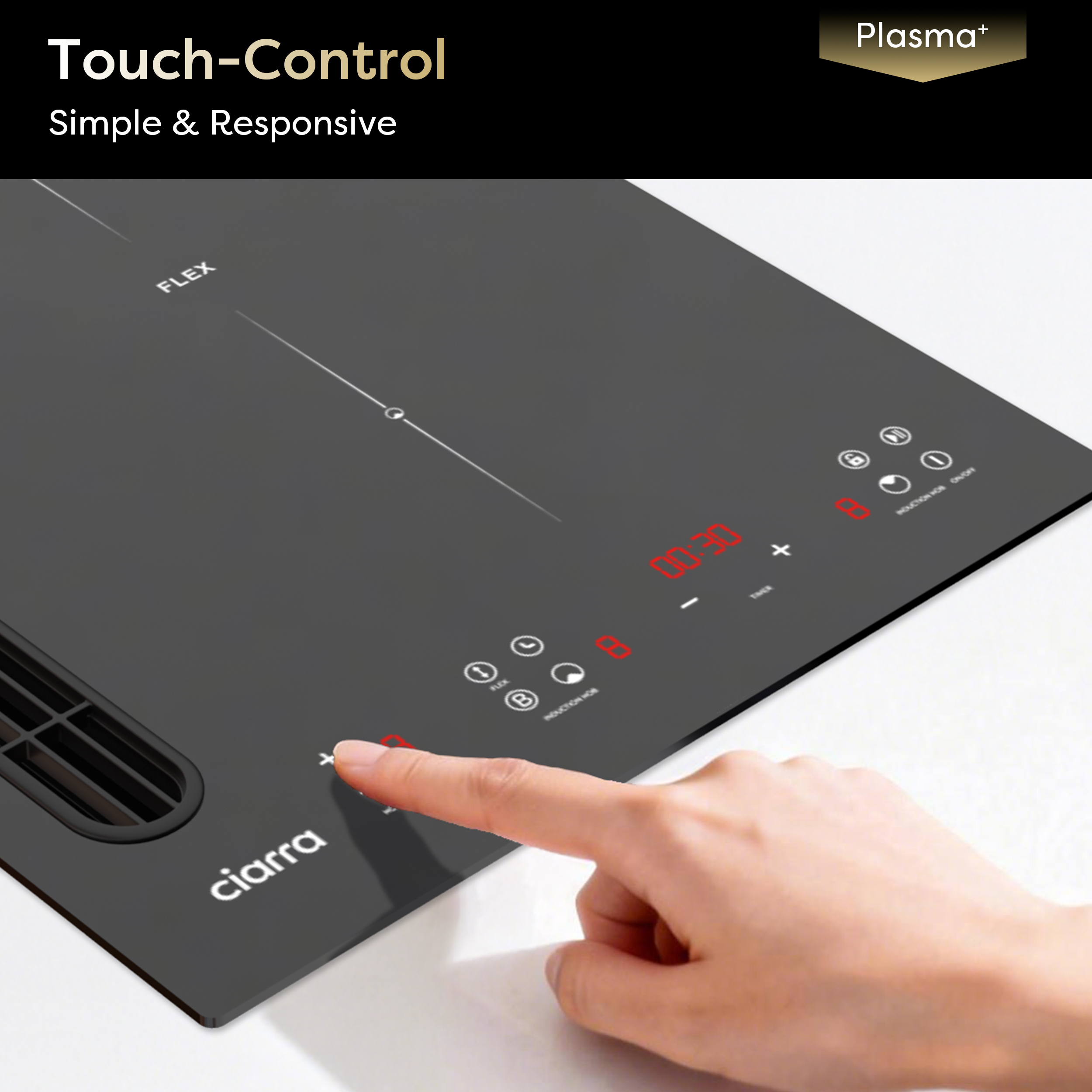 Een vinger raakt het touch controlpaneel van een zwarte inductiekookplaat aan.