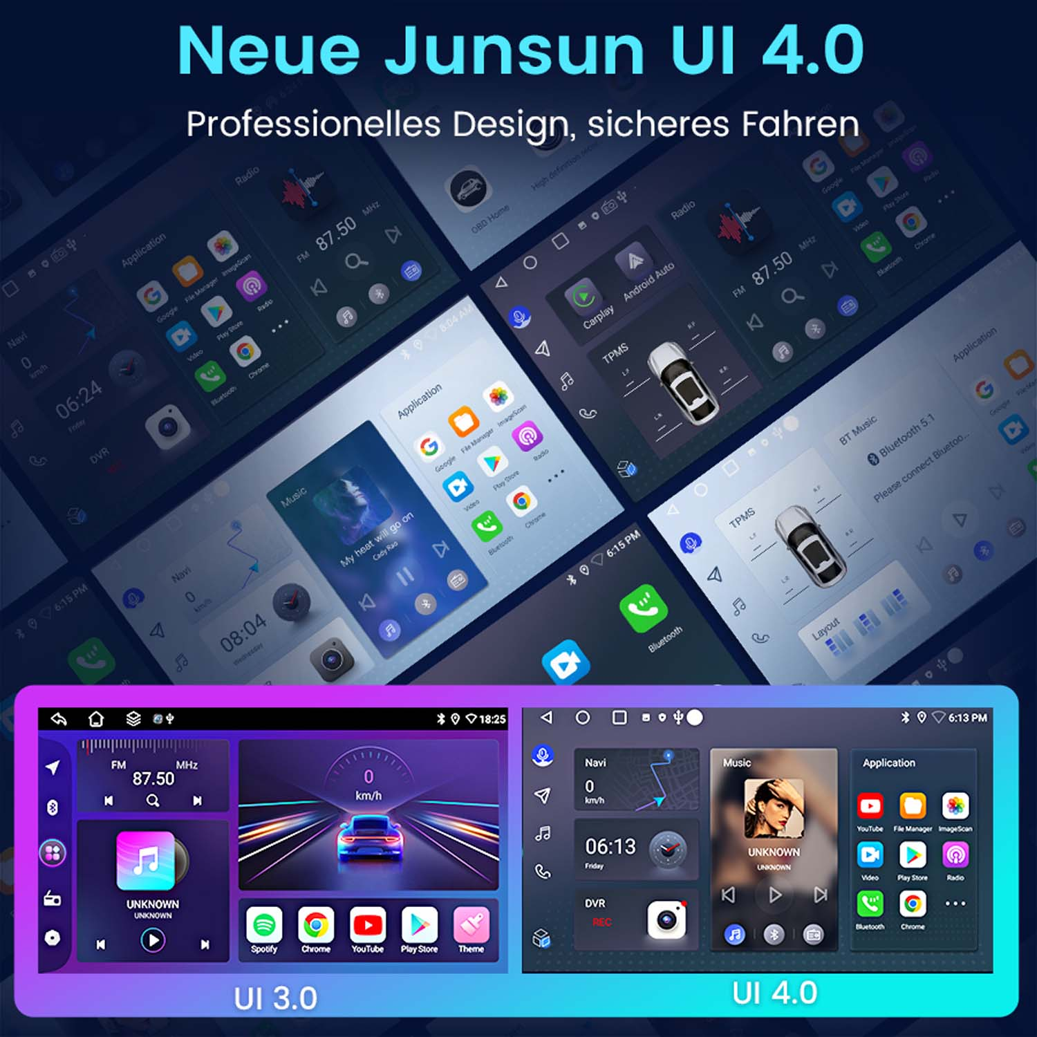 Mehrere Auto-Infotainment-Bildschirme zeigen Benutzeroberflächen mit Radio, Navi, Musik und Apps.