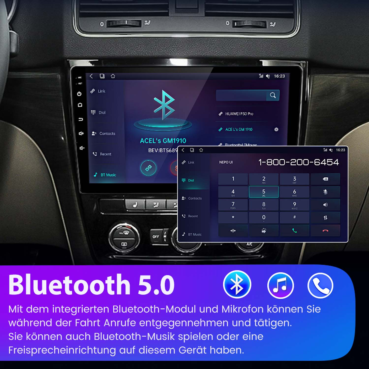 Ein Auto-Infotainment-System zeigt eine Telefon-App mit Ziffernblock.