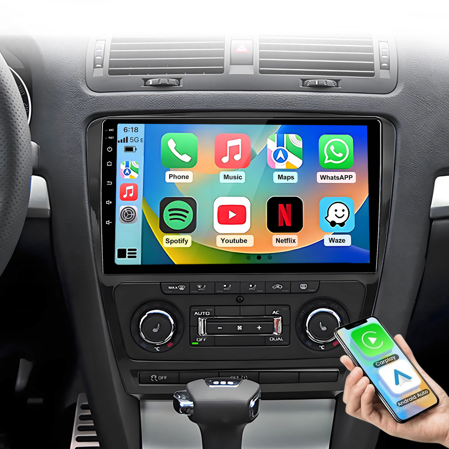 Autoinnenraum mit großem Touchscreen-Display, das Apps wie Telefon, Musik und WhatsApp zeigt.