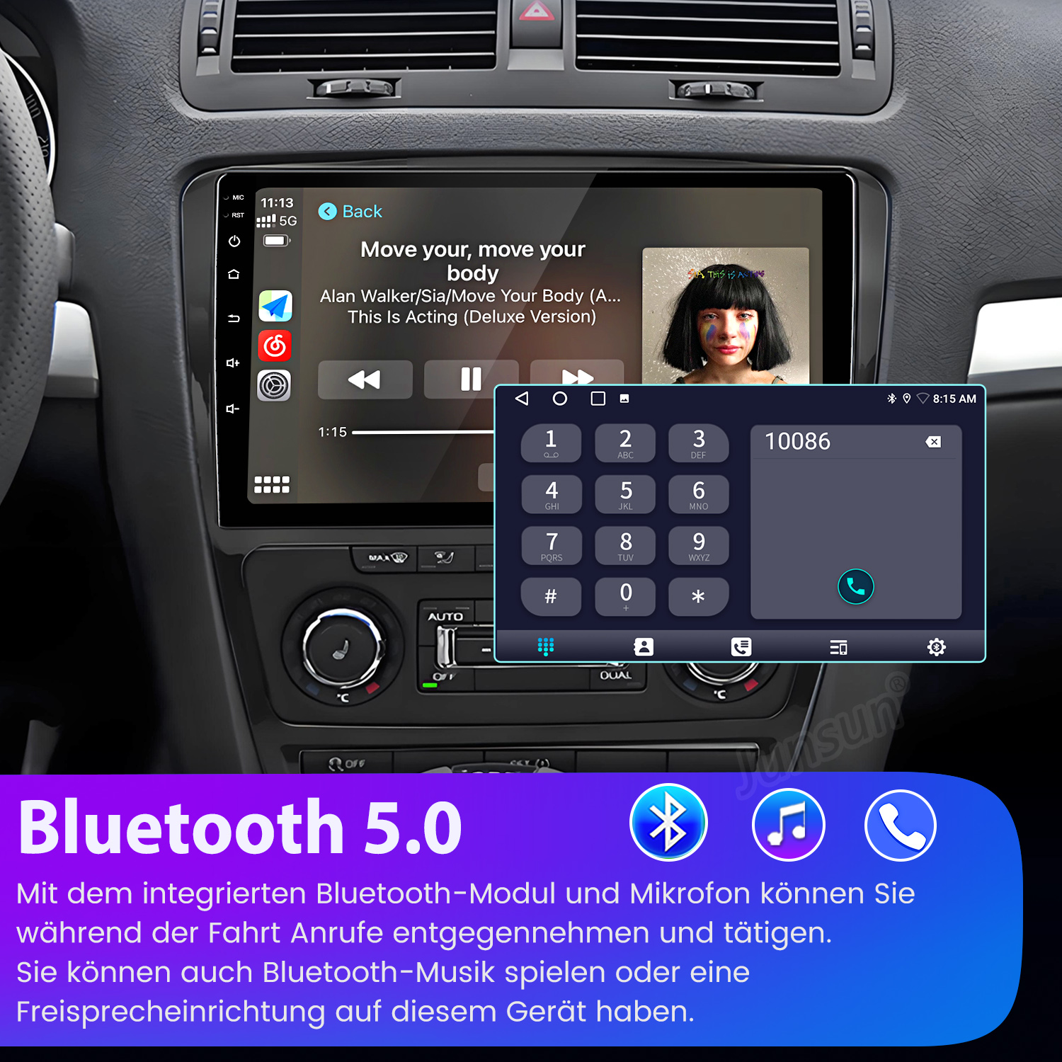 Ein Auto-Infotainmentsystem spielt Musik mit Albumcover und zeigt eine Tastatur an.