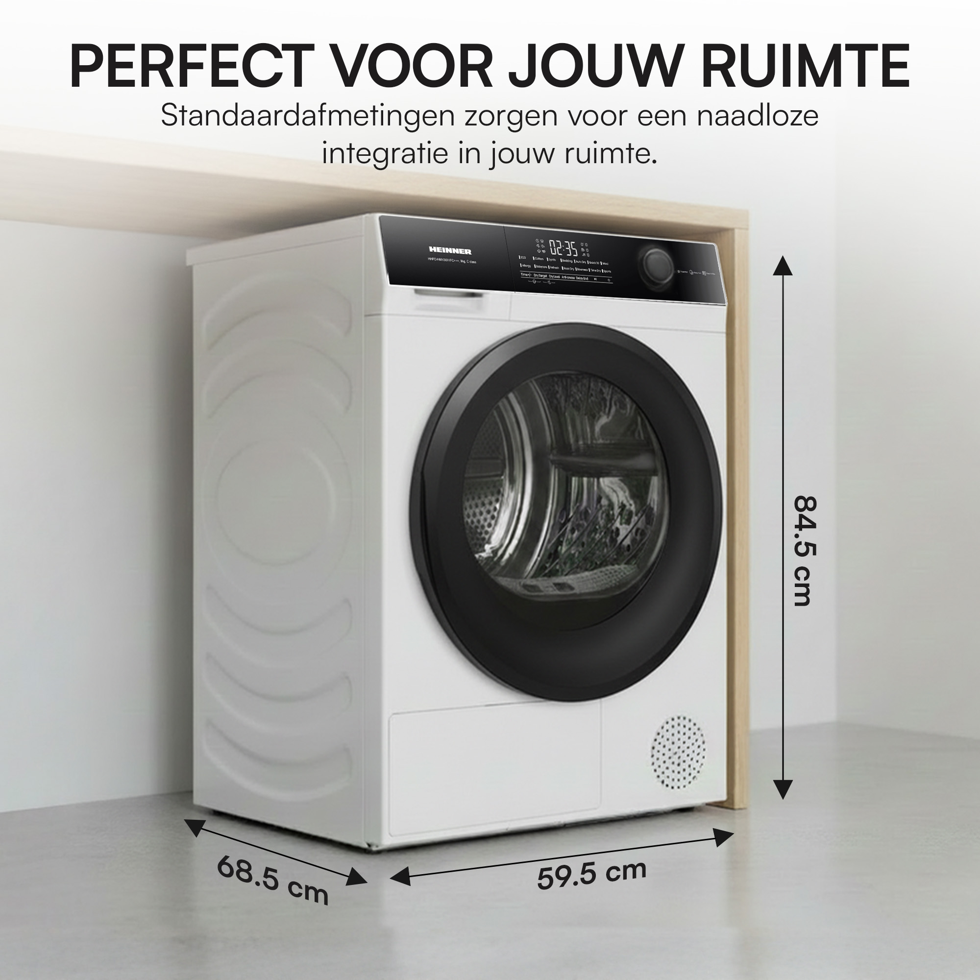 A white dryer with a black door, dimensions 84.5x68.5x59.5 cm.