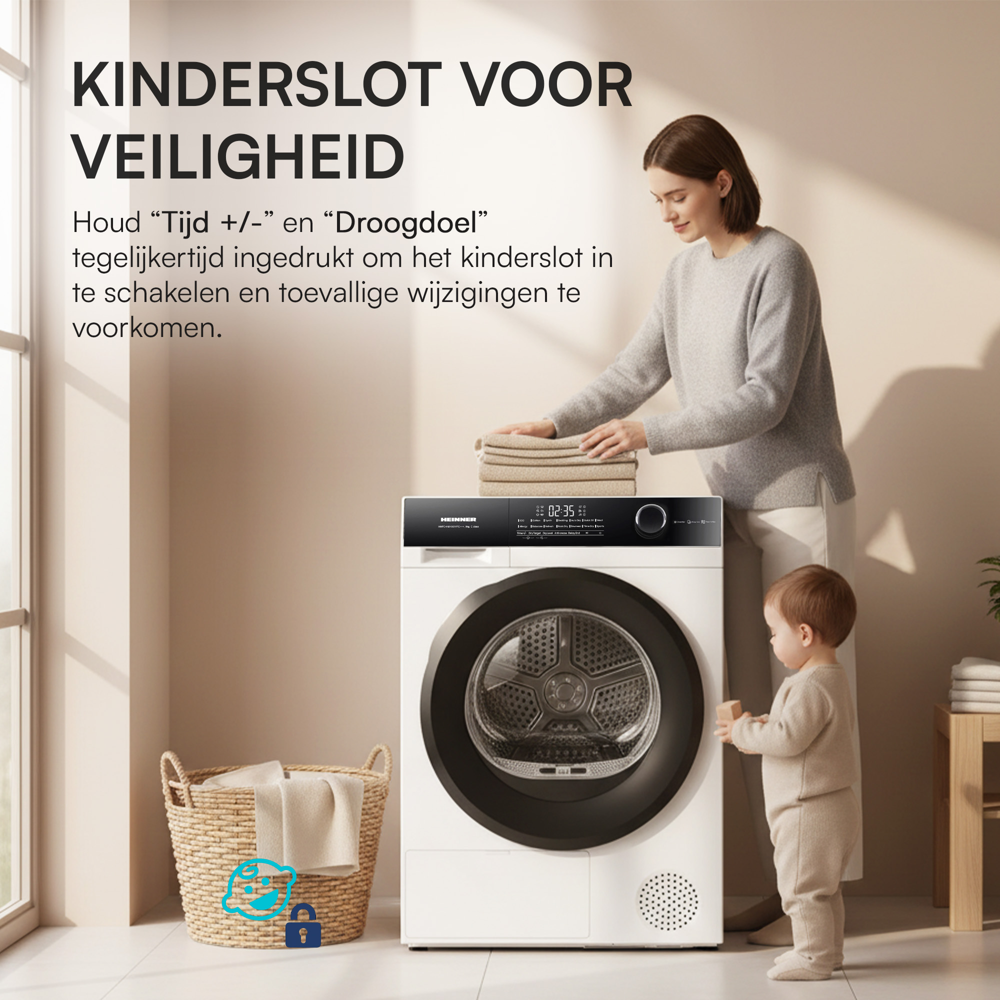 A woman places laundry on a dryer, a baby stands nearby.