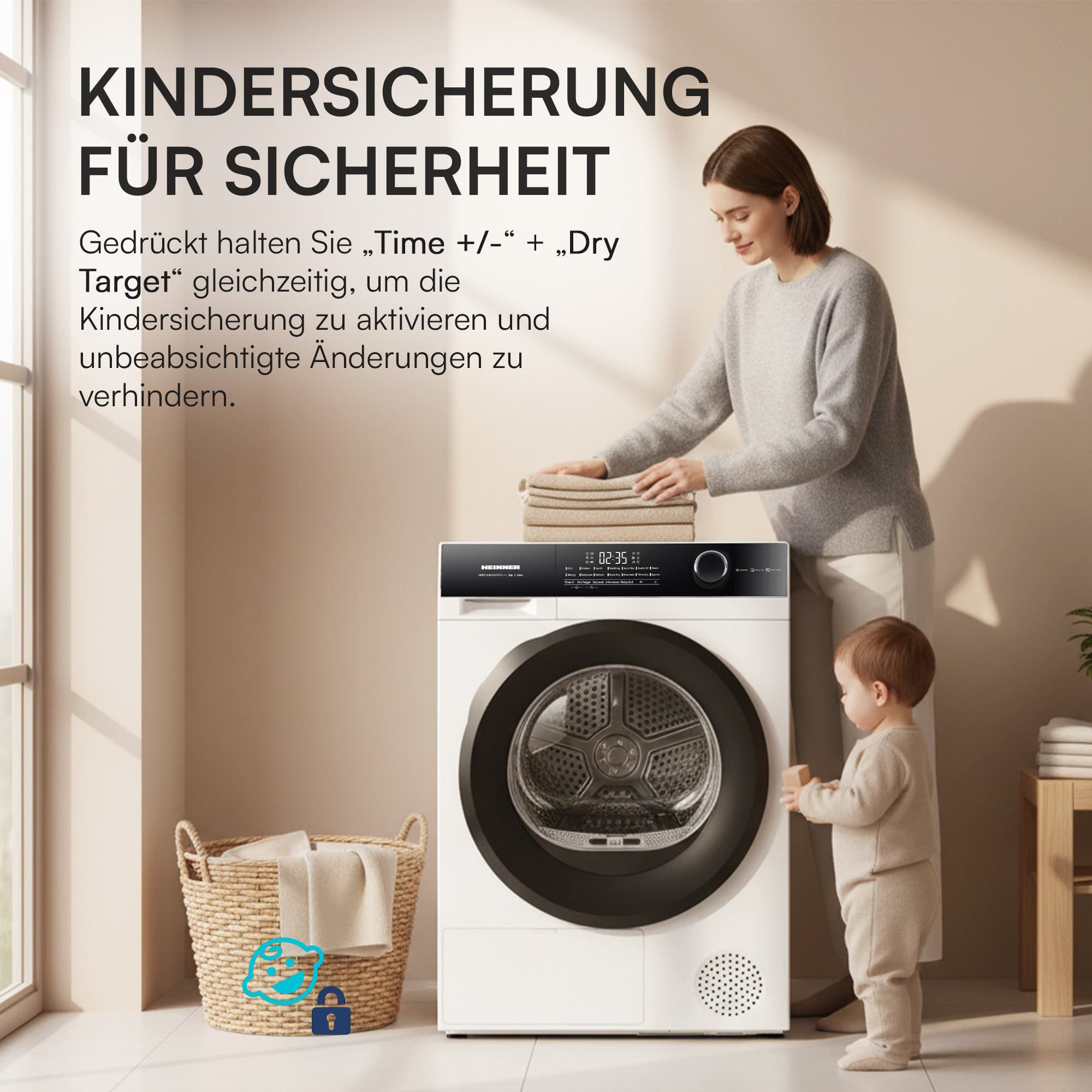 Frau mit Baby vor Trockner. Kindersicherung aktiviert.