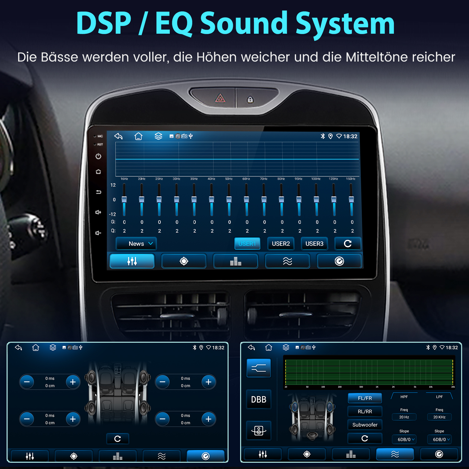 Auto-DSP/EQ-System mit Equalizer- und Lautsprechereinstellungen.