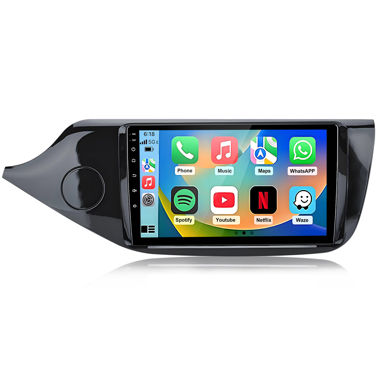 Ein Auto-Infotainment-System mit Apps wie Phone, Music, Maps, WhatsApp, Spotify, Youtube, Netflix und Waze.