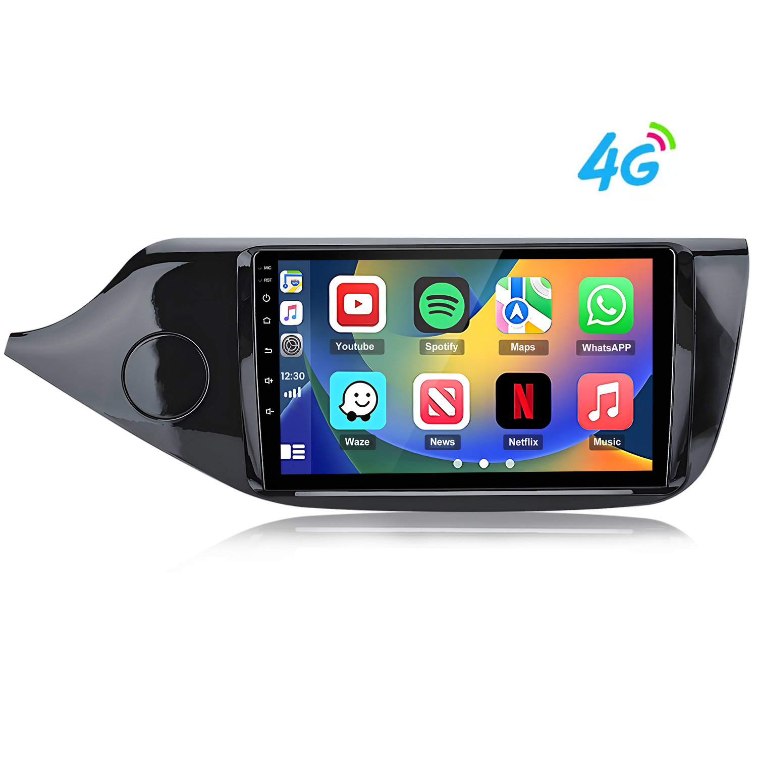 Ein schwarzes Auto-Infotainmentsystem mit 4G-Symbol und App-Icons.