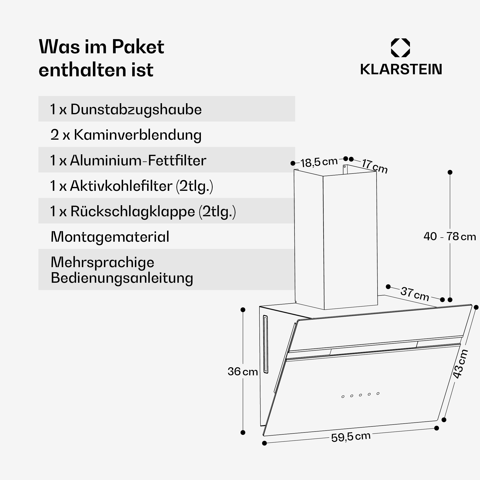 Technische Zeichnung einer Dunstabzugshaube mit Maßen und Liste der Paketinhalte.