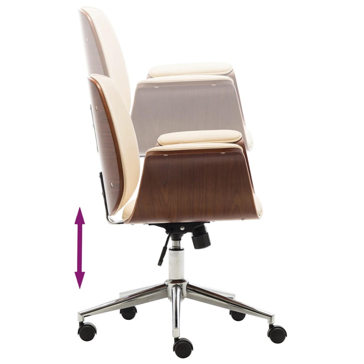 Ein Bürostuhl mit hellem Leder und Holzdetails. Verstellbare Höhe.