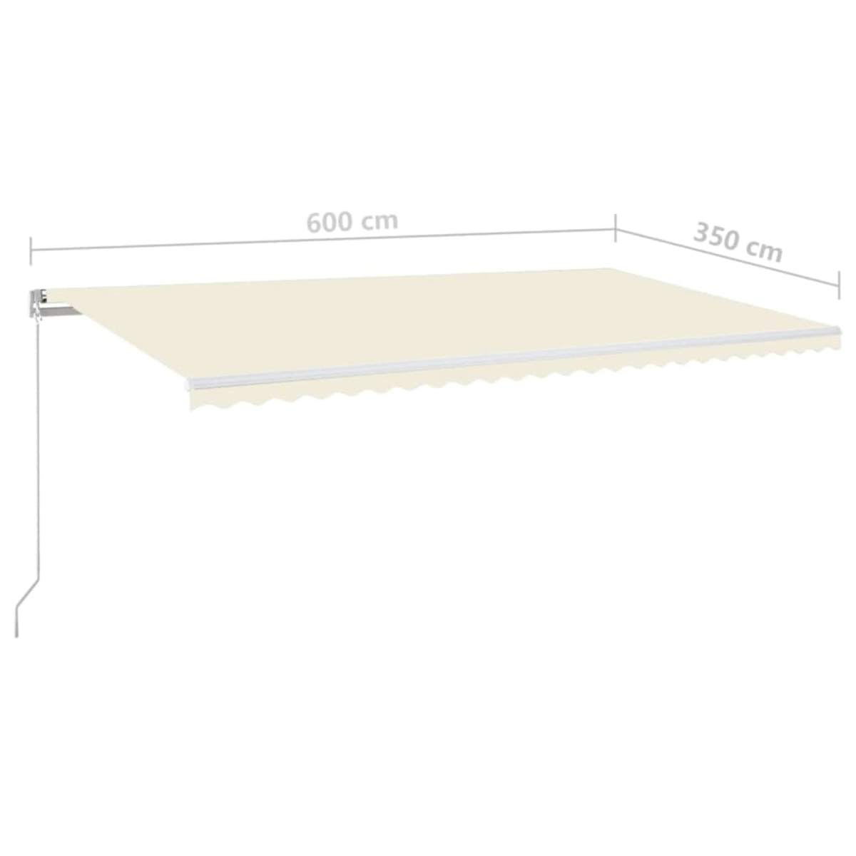 Ein cremefarbener Markisenstoff, 600 cm breit, 350 cm tief, mit Wellensaum.
