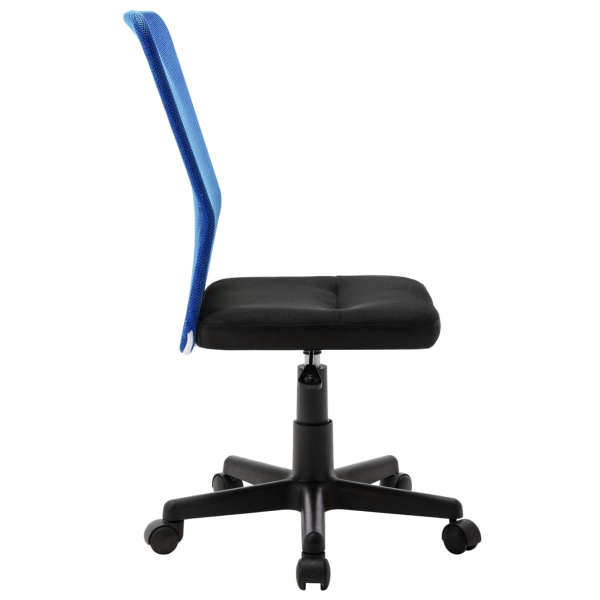 Ein schwarzer Bürostuhl mit blauem Netzrücken, auf schwarzer Basis mit Rollen.