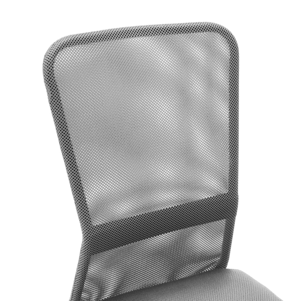 Grauer Netzstuhl-Rückenlehne aus atmungsaktivem Material mit Metallrahmen.