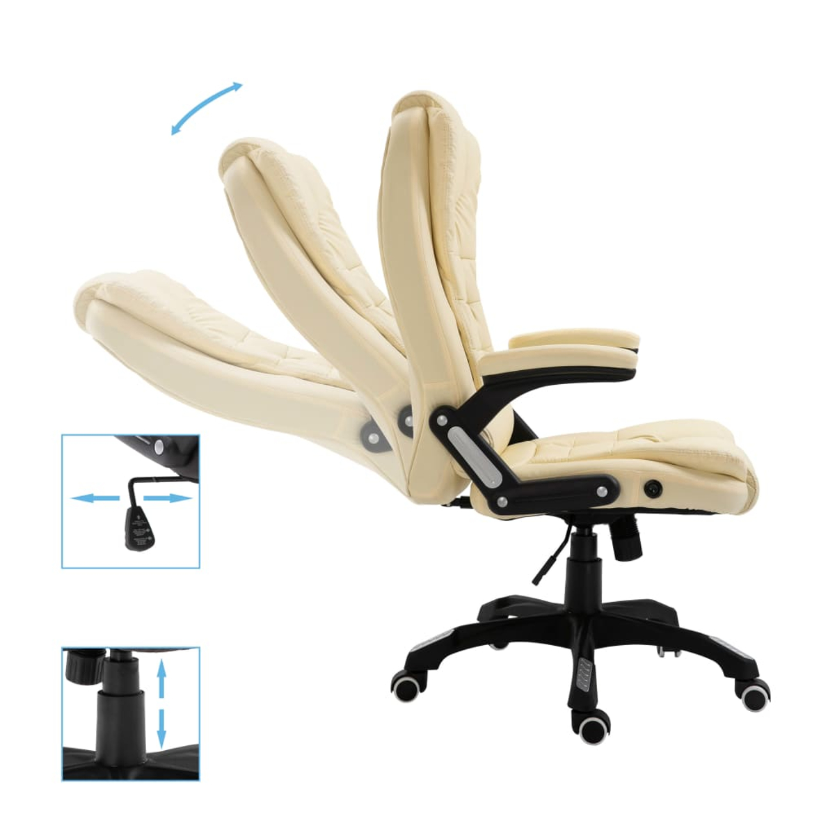 Beige Bürostuhl mit verstellbarer Rückenlehne und Armlehnen auf schwarzem Fuß.