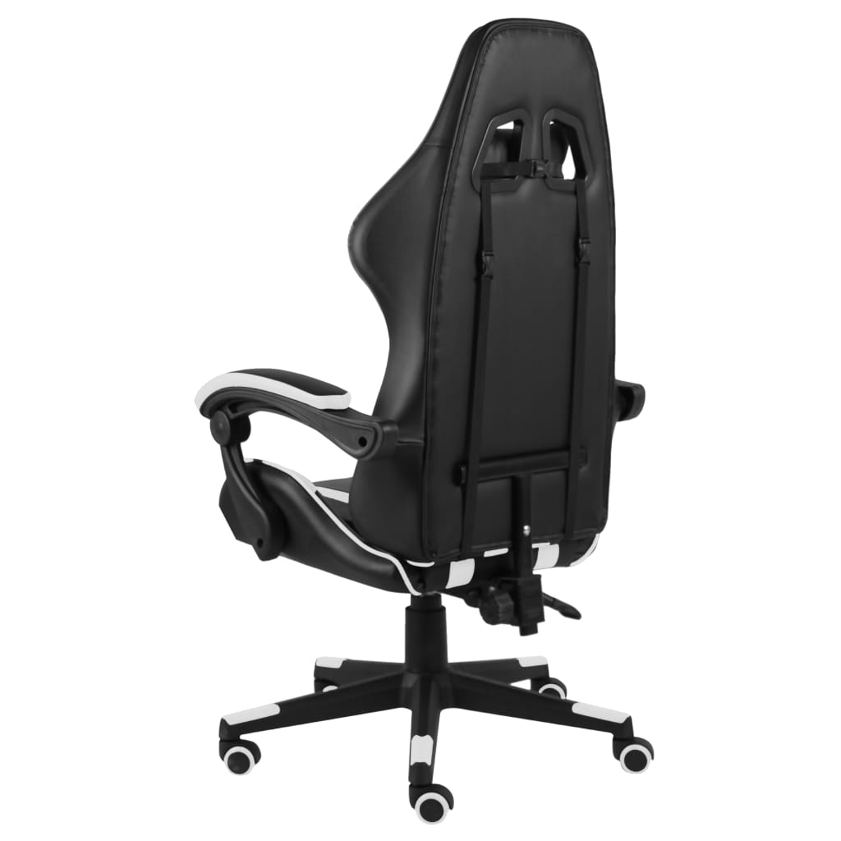 Schwarzer Gaming-Stuhl mit weißen Akzenten, von hinten gezeigt.